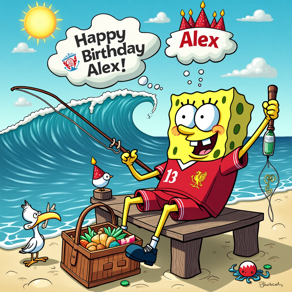 In this vibrant and whimsical scene, we find Spongebob Squarepants enjoying a sunny day at Jellyfish Fields, with a splash of humor and flair. The scene is set on a bright, cartoonish beach with rolling waves in the background, their foam spelling out "Happy Birthday Alex" in bubbly letters. Spongebob, with his typical wide-eyed enthusiasm, is seated comfortably on a rickety wooden pier, his legs dangling over the edge as he holds a fishing rod in one hand and a chilled bottle of J2O in the other. The fishing rod bends comically under the weight of an unseen catch, suggesting an epic battle with a mischievous jellyfish below.

Adding to the absurdity, Spongebob is decked out in a vivid red Liverpool football shirt, the iconic Liverbird logo proudly emblazoned across his square chest. The shirt is humorously oversized, draping over his body like a cape. Beside him, a picnic basket lies open with various sea-themed snacks spilling out, including seaweed chips and a jellyfish jelly sandwich, their exaggerated features reminiscent of Bill Watterson's detailed cartoon cuisine.

Floating in the sky above is a giant, fluffy cloud shaped like a birthday cake, with the name "Alex" cleverly integrated into the icing decorations. The sun shines brightly, casting playful, angular shadows in a nod to Hergé’s clear line style, while a group of curious jellyfish hover around, each wearing a tiny red Liverpool hat, eyes wide with wonder at Spongebob's antics.

A friendly seagull perches on a nearby piling, curiously peeking into the basket. Its inquisitive expression is a nod to the expressive characters found in Charles Schulz's Peanuts. In the distance, Squidward can be seen rolling his eyes, standing on a sand dune with his clarinet, as if preparing to play a begrudging birthday tune for Alex. This lively, humorous scene is packed with charming details, inviting the viewer to explore every corner of Spongebob’s birthday fishing adventure.
Generated with these themes: Spongebob fishing while drinking a j20 wearing a Liverpool football shirt.
Made with ❤️ by AI.