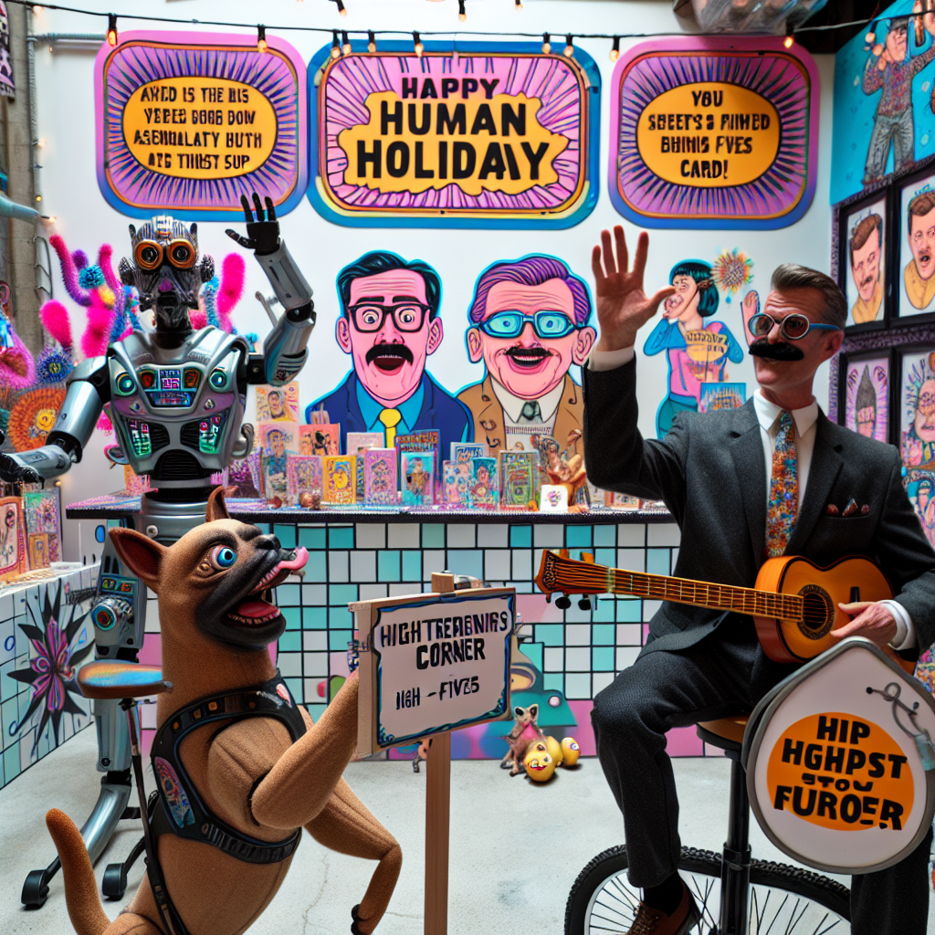 A lively Father's Day party abounds with non-traditional characters. A robotic dog playing the guitar greets attendees while dispensing humorous quips typical of a dad's sense of humor. In one section, a comedic male impersonator with a thick mustache captivates guests as he offers rides on a double-seated bicycle, enthusiastically yelling phrases associated with high-fives. Beside, an area named 'Genius Corner' showcases a variety of quirky Father's Day cards that evoke laughter by emitting burp sounds upon being opened. Overhead, a vibrant banner, portrays two male cartoon characters, emblazoned with the phrase 'Happy Human Holiday' in an unusual, extraterrestrial-style typography, amplifying the humorous and surreal aura of the festivity.
Generated with these themes: Bandit Heeler, Borat, and Rick and Morty.
Made with ❤️ by AI.