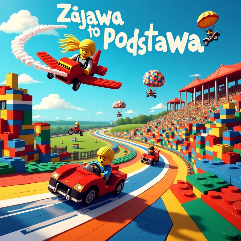 We are at the racing track , Lego girl with long blond hair in Lego plane , Lego boy in racing Ferrari , Other Lego girl is skateboarding , Other Lego boy ride motocross, Other Lego boy jumps parachute , and Other Lego boy is in gokart Thank-you Card