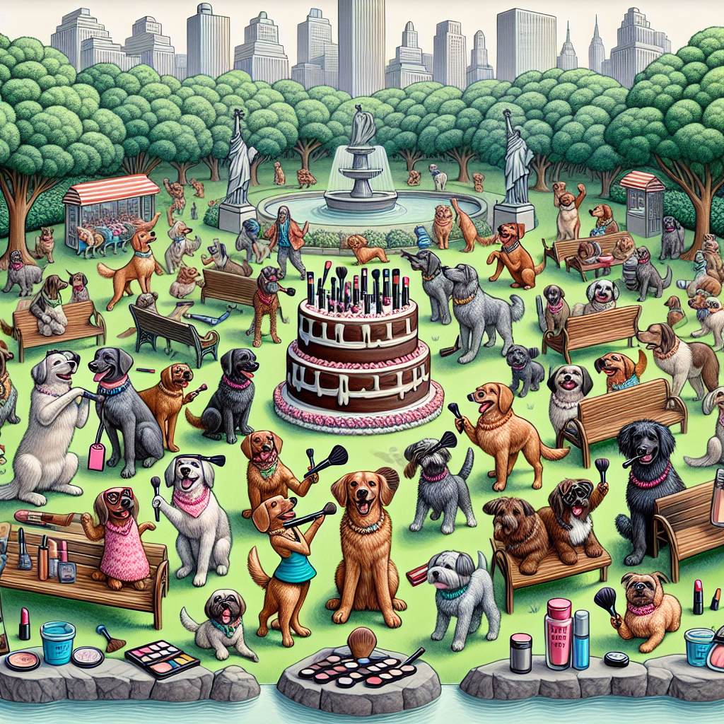 Visualize an amusing illustration of a park located in New York. The scene showcases dogs of various breeds, each one distinctively adorned in human party clothing. Picture a variety of interaction with beauty products, some dogs holding makeup brushes within their paws, while others are seen charmingly donning blush on their faces. The park is in jubilant celebration with a dominant chocolate cake in the shape of a bone acting as the centerpiece. Include iconic structures like the Empire State Building subtly visible in the distant backdrop.
Generated with these themes: Chocolate , Makeup , New York , and Dogs .
Made with ❤️ by AI.