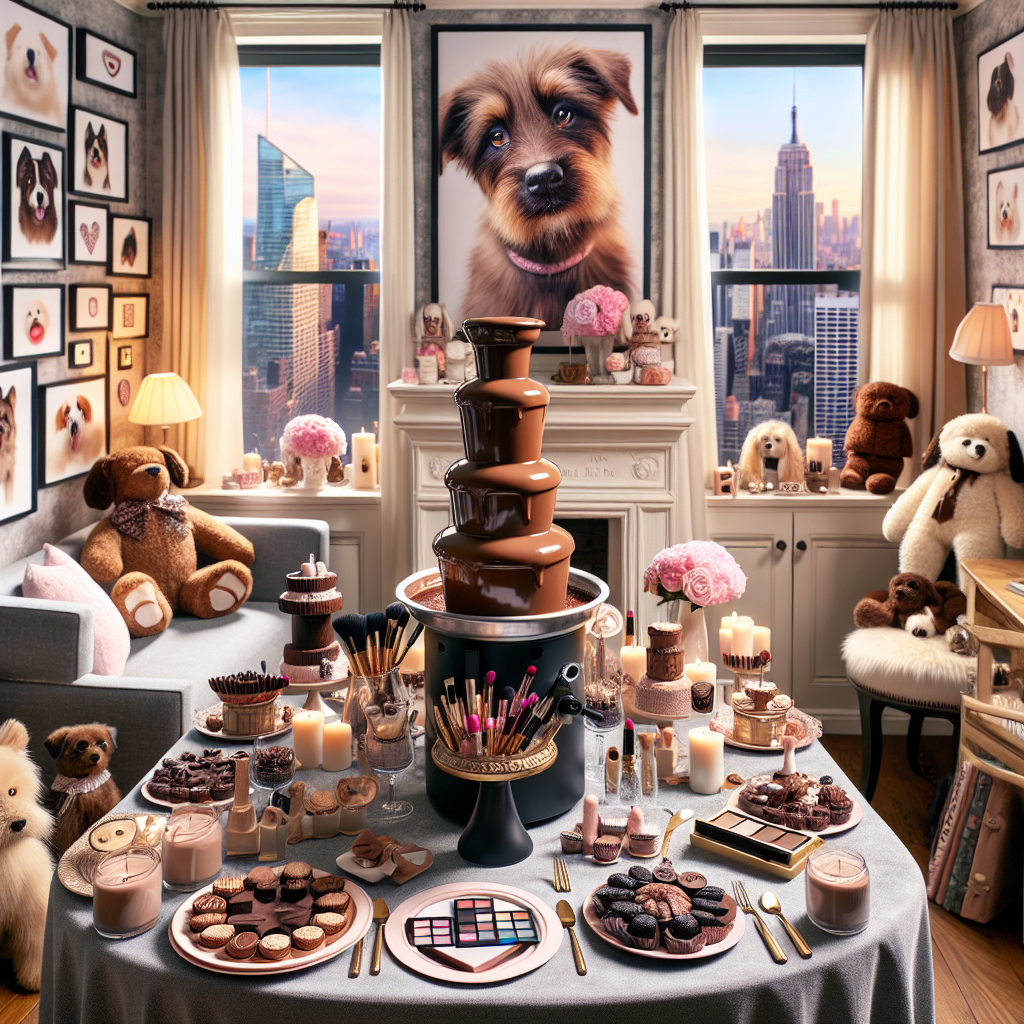Create a charming image of a birthday party set in a snug apartment in New York, with the city skyline visible through the windows. The table within the room is impressively decorated with a chocolate fountain at its center, accompanied by a variety of irresistible chocolate-based delights. The atmosphere of the party is enhanced by makeup-inspired decor, including palette-shaped plates and lipstick-shaped napkin holders. Strewn across the room, plush toys resembling dogs and framed pictures of diverse dog breeds honor our canine friends.
Generated with these themes: Chocolate , Makeup , New York , and Dogs.
Made with ❤️ by AI.
