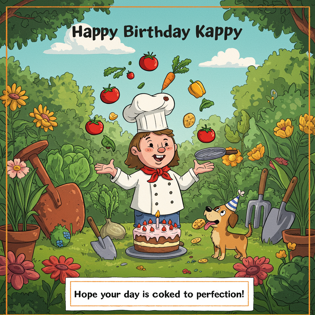 At the top of the Cartoon Style image, add the text: "Happy birthday Kappy"

**Image Description:**

In a whimsical, vibrant garden setting, a cartoon character with a comically oversized chef hat is juggling various garden vegetables while attempting to bake a cake. The cake ingredients include freshly picked tomatoes, a garden trowel, and a small dog playfully trying to grab a carrot from the mix. The garden is lush with exaggeratedly large flowers and oversized gardening tools scattered about. The dog, with a cheeky grin, is also balancing a tiny birthday hat on its head. 

In the bottom corner of the image, add a cheeky banner that reads: "Hope your day is cooked to perfection!"
Generated with these themes: Cooking, gardening, walking the dog, and .
Made with ❤️ by AI.