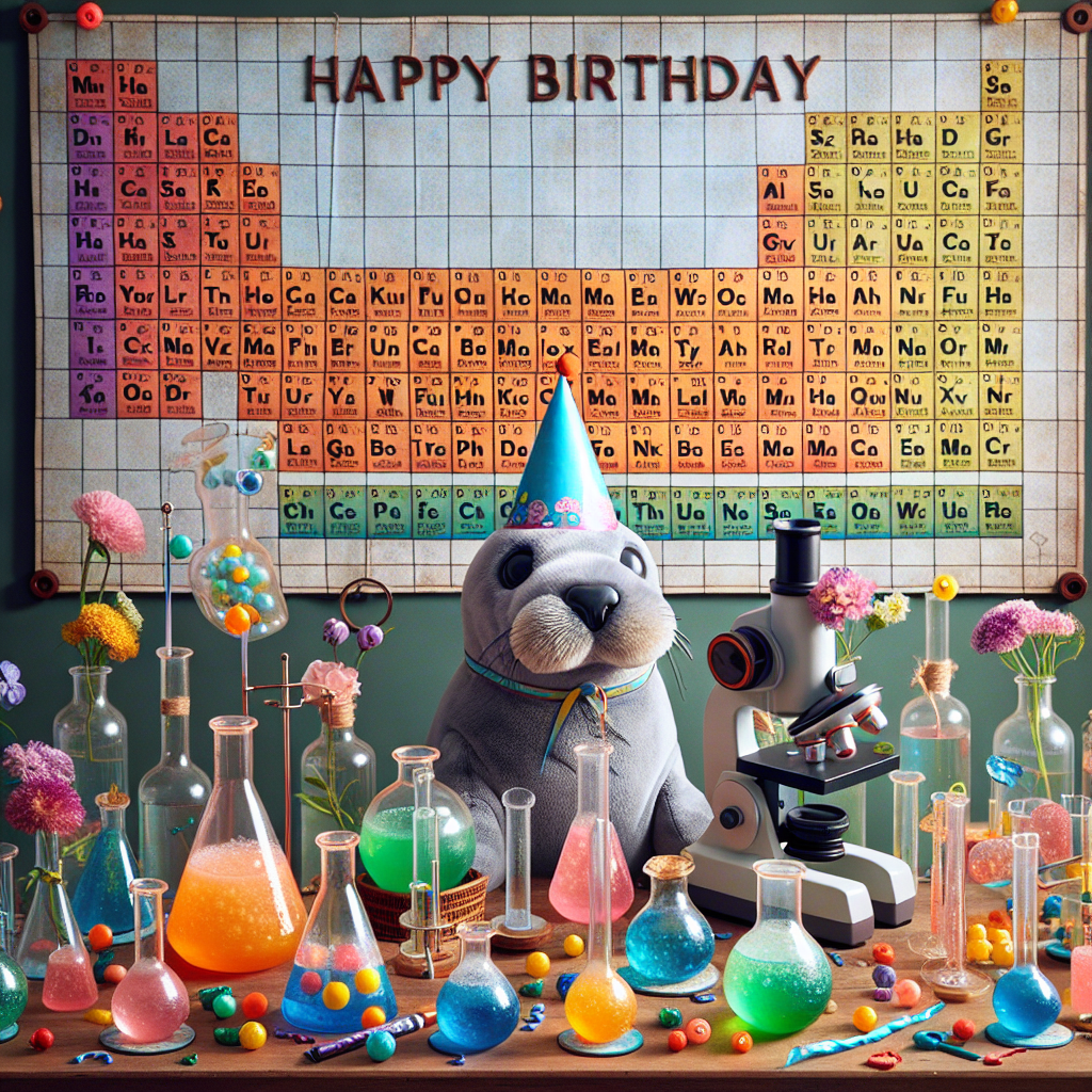 Depict a playful birthday celebration happening within an authentic-looking science lab. The tables are sprinkled with a multitude of vibrant, effervescent beakers and Erlenmeyer flasks, each serving dual purpose as a receptacle for a variety of wildflowers. Amusingly, a lovable seal soft toy wears a party hat and is placed next to a microscope that has been adorned with a festive ribbon. Adding to the lighthearted atmosphere, the periodic table hanging in the background has been artfully altered to spell out the greeting 'Happy Birthday' using cleverly positioned element symbols.
Generated with these themes: Seal, and Science lab.
Made with ❤️ by AI.
