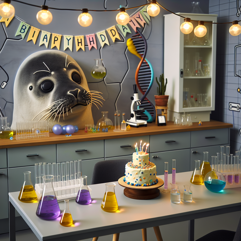 Visualize a cozy corner in a well-equipped science laboratory. A unique birthday celebration is taking place here. A lifelike mural of a seal mascot can be seen on one wall, seeming to gaze with curiosity at the festivities in the lab. A meticulously decorated birthday cake, modeled to resemble a petri dish, takes center stage on a lab counter. Surrounding it are sparkling clean beakers and flasks, each containing a different vibrant solution, serving as unconventional table centerpieces. Above, string lights intertwine with educational models of DNA helices, emitting a soft, warm light. They illuminate the cheery birthday banners strung between the lab's cabinets.
Generated with these themes: Seal, and Science lab.
Made with ❤️ by AI.