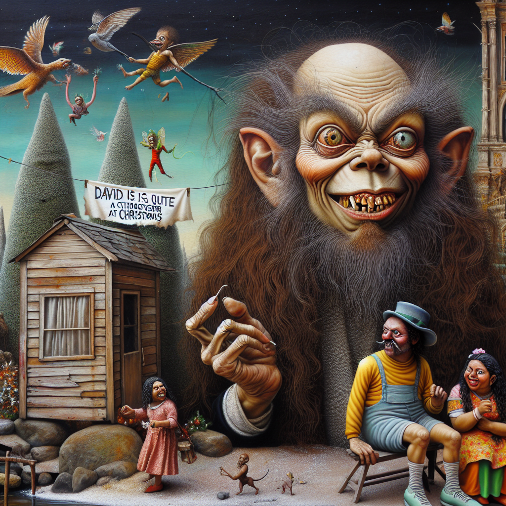 A scene showcasing the energetic vibes of surreal humor, a tableau created meticulously in an abstract manner to honor a well-known comedian. The canvas is dominated by a dwarf woman of Asian descent who possesses striking features, long unkempt brown hair, and teeth in decay. Her intense gaze arrests the attention of the viewer. In contrast to her grim appearance, two young Hispanic girls appear enjoying a playful moment nearby. In the backdrop, an ambiguous shed stands mysteriously. A quirky phrase 'David is quite a character at Christmas' hangs in the air, contrasting with the festive theme of the setting. Every element in the representation intensifies the dreamlike surrealism of the artwork.
Generated with these themes: Uk comedian Sean lock dead, Dwarf woman with long brown hair and rotting teeth, Two small girls, Shed, David's a cunt at Christmas , and Pedantic.
Made with ❤️ by AI.