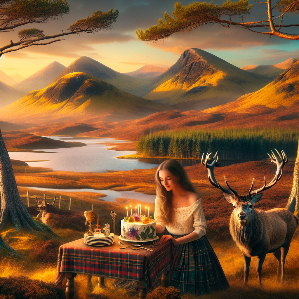 Create an image that intensifies the warmth of a birthday celebration, set against the captivating Scottish outdoors. The landscape includes the magnificent Munros, with a sister, of Caucasian descent, delighting in her special day at the base. The atmosphere is dyed by the colors of dawn, spreading a golden aura over the peaceful lochs and age-old pines. The birthday girl, dressed in a traditional tartan skirt, makes a wish on her cake, decorated with thistles, the emblem of Scotland. A friendly and observant stag, its antlers majestically embellished, peers curiously at the birthday merrymaking.
Generated with these themes: Munro, Outdoors , Scotland , and Sister .
Made with ❤️ by AI.