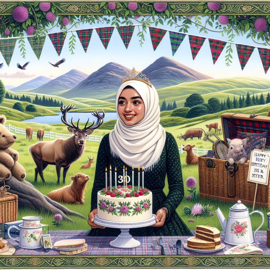 Generate an image of a quaint birthday setting in the Scottish outdoors. Include rolling green hills and the majestic Munros in the distance. Center this image around a Middle-Eastern sister, who is celebrating her birthday with a radiant smile. She should be situated in a whimsical picnic scene surrounded by traditional Scottish flora and fauna. Display a birthday cake, detailed with thistles and tartan. Add birthday banners that flutter gently in the breeze. Incorporate stags and Highland cows as peaceful elements of this serene celebration.
Generated with these themes: Munro, Outdoors , Scotland , and Sister .
Made with ❤️ by AI.