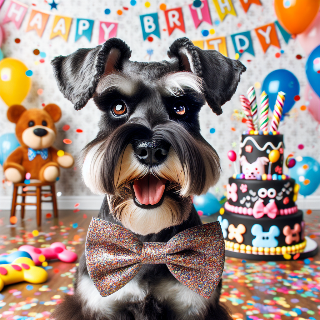 Capture a joyful birthday celebration scene featuring a standard-built black and tan Schnauzer with warm brown eyes. The dog is decked out in an oversized bow tie that resonates with the vibrant party decorations floating around. Various lively cartoon characters, multicolored confetti, and a large bone-shaped birthday cake decorated with whimsical icing designs accompany the Schnauzer in this celebration. The canine's tail is gently wagging in happiness, indicating its sheer delight while the room echoes with the tune of 'Happy Birthday'.
.
Made with ❤️ by AI.