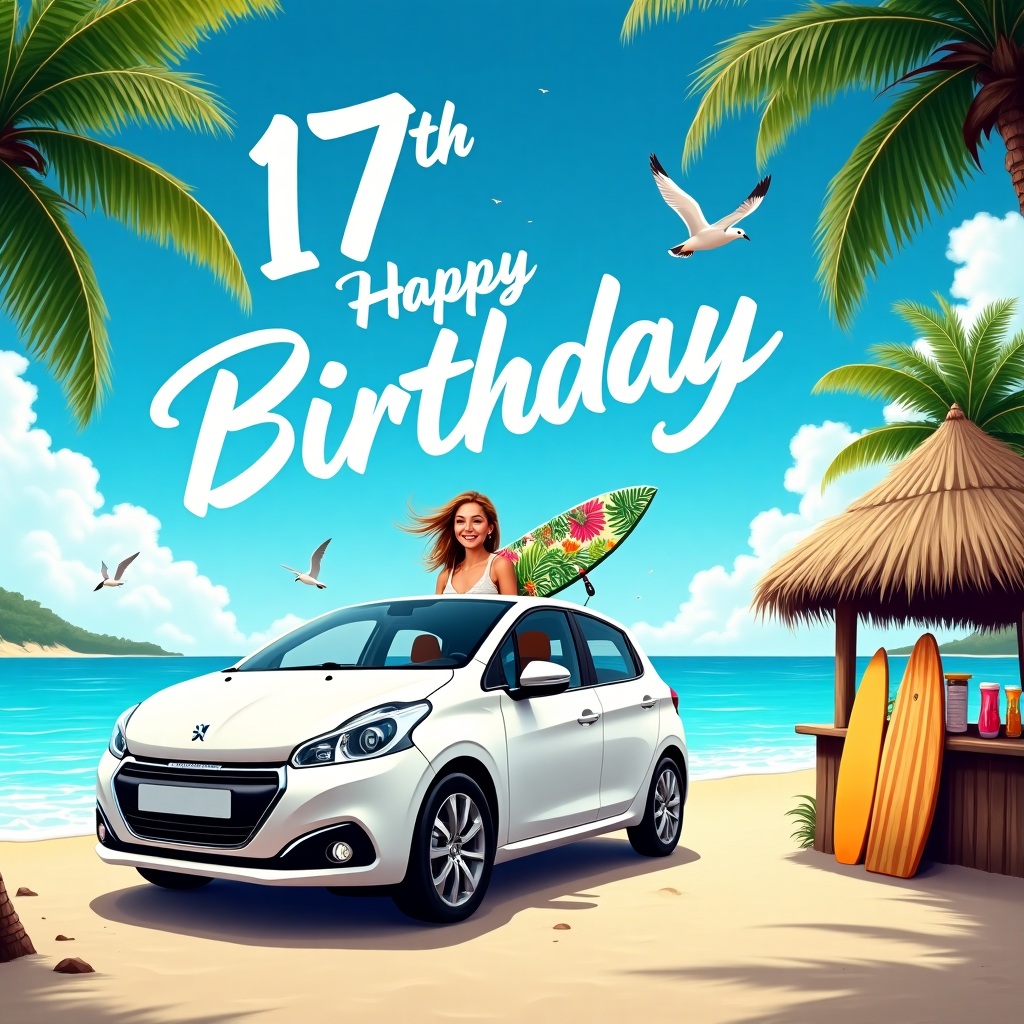 Picture a vibrant, sun-drenched beach scene where the cerulean waves gently kiss the sandy shore, inviting a playful and lively atmosphere. In the foreground, a gleaming white Peugeot 208, parked at a jaunty angle, stands with its windows rolled down, allowing the scent of the ocean to mingle with the faint aroma of new car leather. The car's sunroof is open, and through it emerges a jubilant girl, Lydia, with wind-tousled hair, holding a surfboard decorated with colorful tropical patterns. Her wide, infectious grin suggests the excitement of both her birthday and the beckoning surf. 

In the background, the azure sky is adorned with a whimsically trailing skywriting that spells out "Happy 17th Birthday Lydia" in fluffy white clouds, as if the clouds themselves joined the celebration. Nearby, a makeshift tiki stand offers vibrant beachside smoothies, with surfboards casually leaning against it, adding a laid-back vibe. Palm trees frame the scene on either side, their fronds swaying gently in the breeze, casting dappled shadows on the sand below. Seagulls swoop gracefully above, curiously eyeing the scene below. The scene beautifully encapsulates a lively birthday celebration infused with elements of fun, freedom, and a dash of the extraordinary.
Generated with these themes: White peugeot 208, Driving girl, Beach, and Surfing.
Made with ❤️ by AI.