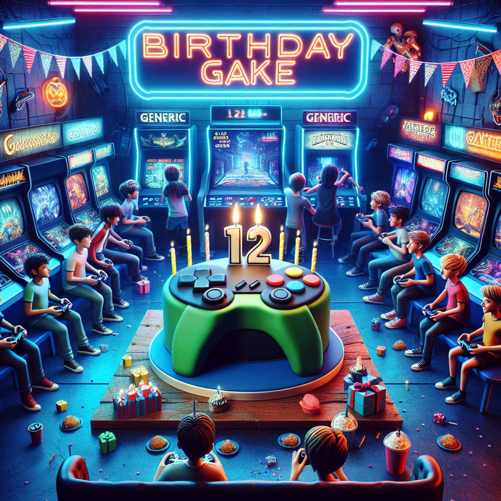 Create an image of a lively gaming arcade, brimming with the atmosphere of an exciting 12-year-old boy's birthday party. Neon lights flicker and dance around, while the sound of gaming consoles fill the air with an invigorating buzz. In the midst of all the electronic devices, a birthday cake designed to mimic a generic game controller is placed prominently in the center, bordered by generic aesthetics symbolizing popular aspects of video gaming. The boy's friends, of a variety of descents and genders, are engaged in a friendly video game competition, with high scores rewarded by party favors in the form of generic paraphernalia related to video games, thus encapsulating the thrill of gaming and the joy of the boy's coming of age.
Generated with these themes: 12, Male, and Gaming.
Made with ❤️ by AI.
