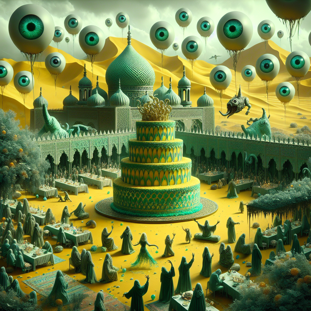 Imagine a surreal birthday-themed event in a Moroccan landscape, painted with a splash of varying chartreuse tones. The place is buzzing with flying carpets and oversized pastries, each with eye-catching details. In the heart of the location, there stands a gigantic cake, extravagantly decorated with icing. Above all, eerie elements can be seen in the form of numerous evil eyes, imitating the form of balloons. Despite their threatening nature, they seeming to blend into the party, casting mysterious looks upon an array of attendees who are of diverse genders and from multiple descents like Caucasian, South Asian, Hispanic, and Black.
Generated with these themes: Evil eyes, Chartreuse, and Morrocco.
Made with ❤️ by AI.