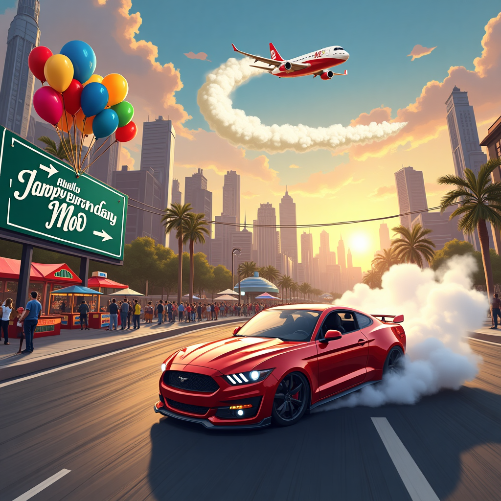 In this exhilarating birthday card scene, picture a sprawling urban landscape transformed into a vibrant playground for a high-octane celebration. The foreground features a gleaming red sports car in mid-drift, its tires smoking and leaving artistic swirls of rubber on the pavement. The car's windows are rolled down, and balloons of every color—tied to the side mirrors—flutter wildly in the wind. Alongside the car, a road sign humorously reimagined as a "Happy Birthday Mo Speedway" stands crookedly on the sidewalk, with cartoonish arrows pointing towards the party action. In the background, the skyline of skyscrapers is interrupted by a giant digital billboard, which displays a colorful message: "Happy Birthday Mo!" in bold, celebratory letters. Above, in the sky, a skywriting airplane leaves a trail of white, fluffy smoke spelling out "Drift into Another Great Year, Mo!" The sun is setting, casting a golden hue over the entire scene, while streetlights begin to flicker on, creating a blend of natural and urban lighting. Street vendors are set up on the sidewalks with quirky stalls, selling oversized party hats and tire-shaped cupcakes. This delightful and dynamic scene perfectly captures the thrilling essence of cars and drifting, while warmly celebrating Mo's special day.
Generated with these themes: Cars,drifting .
Made with ❤️ by AI.