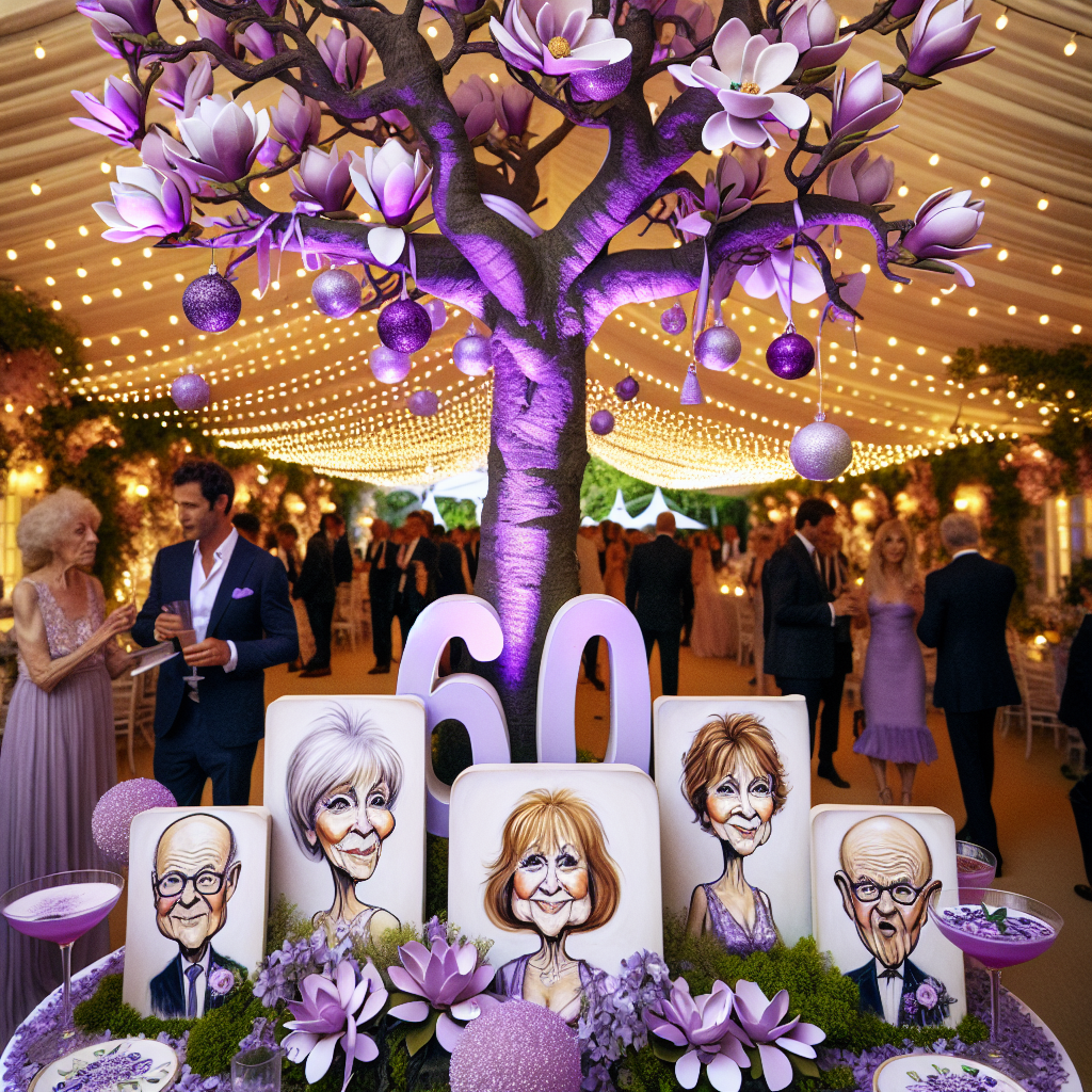 Imagine a tasteful 60th birthday celebration taking place under the spreading branches of an imitation magnolia tree. Decorated in a playful manner with purple ribbons and baubles, the tree has the number '60' whimsically etched into its bark. Surrounding this centerpiece is an array of caricatures, all painted in shades of purple, depicting the guest of honor at different ages. The caricatures are endearing, with the artist adding a touch of light humor by exaggerating some features. The scene is abuzz with guests, their laughter resonating beneath strands of fairy lights. They stroll leisurely, savoring lilac-colored cocktails adorned with magnolia petals.
Generated with these themes: Age 60, Purple, and Magnolia tree .
Made with ❤️ by AI.