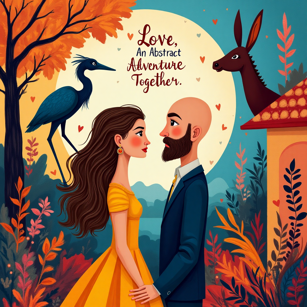 Gazebo, Woman with long brown hair, Bald man with a beard, Heron, Donkey, and Anniversary Card