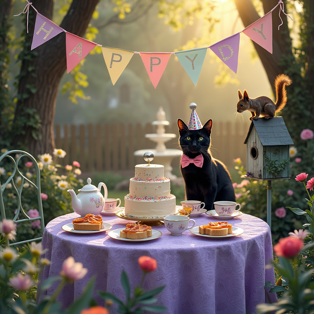 In a whimsical garden bathed in the golden hues of a late afternoon sun, a circular table draped in a lavender lace tablecloth becomes the heart of a surreal celebration. At the table's center, a three-tiered cake, festooned with rainbow sprinkles and topped with a miniature disco ball, casts shimmering specks of light onto the surrounding area. Sitting proudly at the head of the table is a dapper black cat, adorned with a pastel-colored party hat and a pink bow tie. His fur is sleek and his eyes, bright green, reflect his jubilant spirit. The cat's name is Glenn, and this party is for him.

Surrounding Glenn are neatly arranged plates, each holding a delicately cut bacon sandwich—crispy bacon peeking out between slices of fluffy white bread, slathered generously with orange marmalade that glistens in the sunlight. Tea cups, each with a different whimsical design, steam invitingly, their delicate tendrils mingling with the aroma of freshly brewed tea. A quaint teapot, painted with daisies and butterflies, sits amidst the spread, ready to refill any empty cup.

The garden itself is a tapestry of vibrant colors. Roses, tulips, and daffodils sway gently in the breeze, while ivy climbs the wooden fence that borders the scene. A pair of vintage wrought iron chairs, painted a mint green, sit empty, suggesting that guests may join at any moment. Above the table, strung between two towering oak trees, is a banner made of multicolored paper flags spelling out "Happy Birthday Glenn" in bold, glittering letters.

Nearby, a mischievous squirrel with a tiny party hat and a monocle eyes the bacon sandwiches from atop a birdhouse, adding an extra layer of whimsy to the scene. A small fountain, surrounded by a cluster of daisies, gurgles merrily in the background, completing this enchanting tableau.
Generated with these themes: A gay black cat having a birthday tea party with bacon sandwiches and marmalade in a garden, and Happy birthday glenn.
Made with ❤️ by AI.