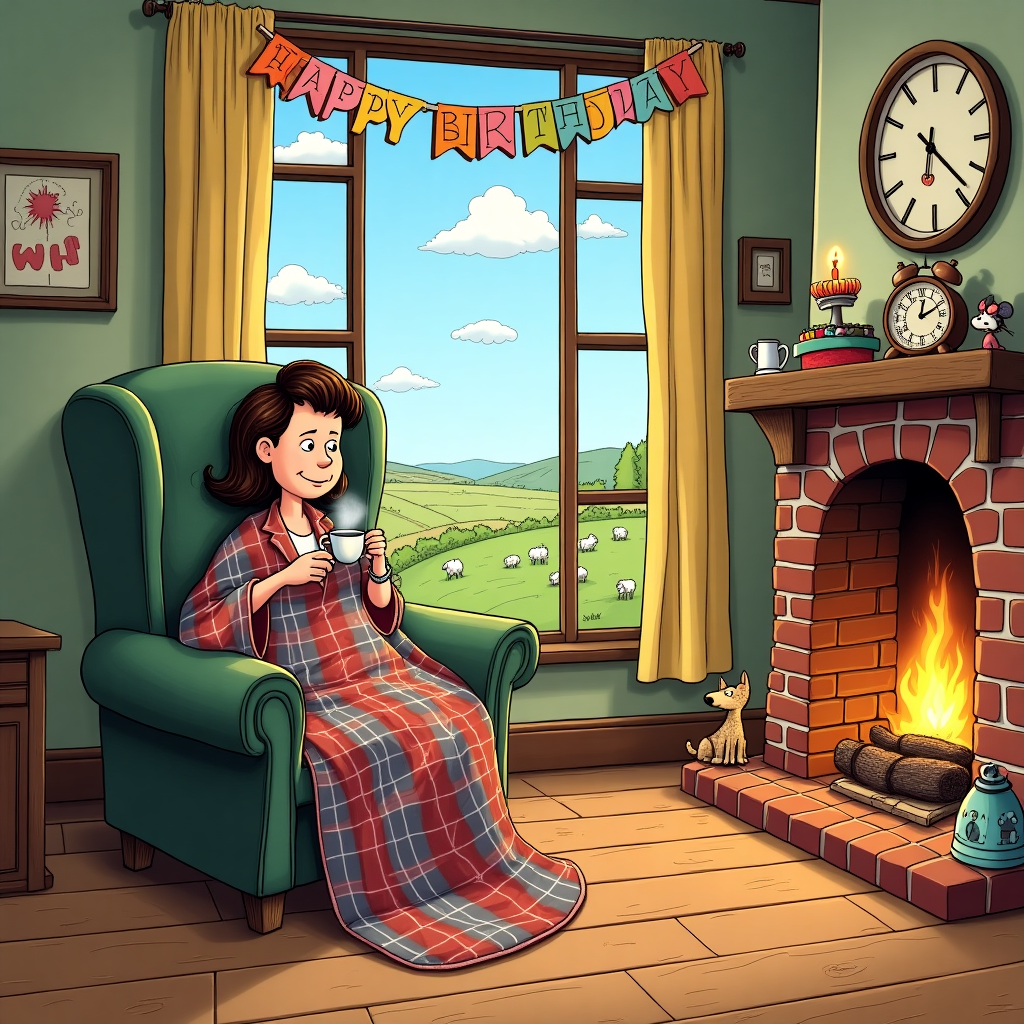 In a whimsical cartoon-style scene, the inside of Janet's cozy Yorkshire cottage is depicted with a quirky blend of rustic charm and playful detail. Janet, a delightful character inspired by the classic Peanuts style, sits comfortably in an oversized, plaid-patterned armchair, a steaming cup of tea in hand. She’s wrapped in a patchwork quilt that drapes over the chair's arms and spills onto the hardwood floor, where a curious cat, reminiscent of Calvin and Hobbes’ mischievousness, bats at its edges. The warm glow of the crackling fire in the brick fireplace casts playful shadows that dance across the room. Above the fireplace, a colorful banner made from felt letters spells out “Happy Birthday Janet” in cheerful, exaggerated fonts akin to those used in Osamu Tezuka's manga panels. Through the large bay window, the English countryside stretches out with rolling hills and grazing sheep, drawn with the intricate simplicity of Hergé’s Tintin backgrounds. The sky, a serene blue, features fluffy clouds that, on closer inspection, subtly form the letters of Janet’s name, a nod to the playful surprises found in The Far Side cartoons. On the mantle, next to a clock shaped like a Yorkshire Terrier, sits a tiny birthday cake with exaggerated layers, topped with a single, dramatically large candle. A wall shelf holds an eclectic mix of knick-knacks, including a small Astro Boy figurine and a vintage Mickey Mouse clock, providing an homage to the great cartoonists. The entire scene is framed in the cozy chaos of Winsor McCay's dreamlike compositions, inviting the viewer into Janet’s delightful birthday moment.
Generated with these themes: Janet is sitting in front of a cozy fire in her Yorkshire Cottage with a drink in hand.  The view out of the window is of the English countryside., and Banner above the fireplace says Happy Birthday.
Made with ❤️ by AI.