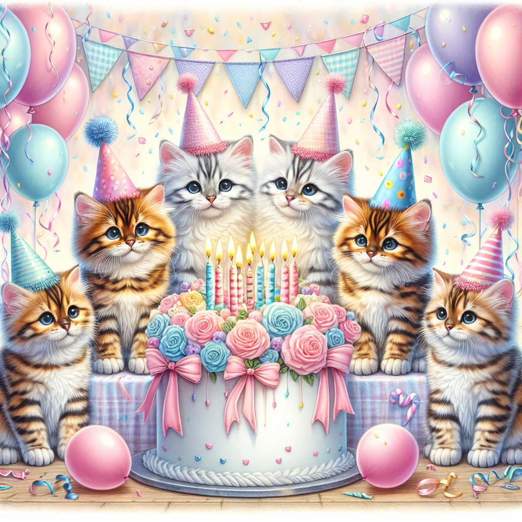 An enchanting illustration of a birthday celebration dominated by fluffy Bengal cats donning colorful party hats. These playful kitties are huddled around a beautifully adorned cake with lit candles, signifying the commencement of the party. The backdrop features a cascade of pastel-colored balloons and streamers, further adding to the cheerful ambiance of the event.
Generated with these themes: Bengal cats.
Made with ❤️ by AI.