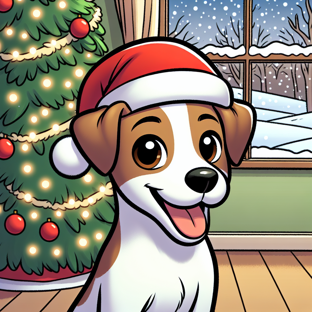 A slender, adult Jack Russell Terrier with a white coat and brown patches sits cheerily in a cartoon Christmas setting. This festive scene includes a decorated fir tree, lights twinkling softly. Snow gently falls outside, visible through a frosty windowpane. The dog's brown eyes are bright with joy, complementing the red Santa hat perched atop its head.
.
Made with ❤️ by AI.