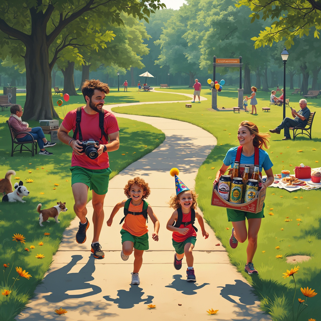 Picture this scene: A sunny park filled with vibrant greenery and a path winding through it. Along this path, a family of four—mom, dad, and two kids—are mid-run, dressed in comically colorful athletic gear. Dad is holding an old-fashioned camera, the kind with a big flashbulb, trying to snap photos while sprinting, making his strides uneven and awkward. Mom is juggling a small six-pack of beers, each can vividly decorated with quirky labels, as she runs, somehow managing to keep them from spilling. 

Ahead of them, the kids are running gleefully, with the younger one, a boy, wearing a birthday hat that's a bit too big and tilting precariously. The older sibling, a girl, has a small backpack that's bursting open with photo albums, pages fluttering in the wind, showing captured memories of past family celebrations. 

In the background, other park-goers are watching in amusement: a couple on a bench, an elderly man with a newspaper, and a dog chasing its tail. The scene is filled with tiny details: a park sign that reads "Welcome to Celebration Park", colorful balloons tied to a nearby tree, and a picnic blanket strewn with snacks. 

Each element ties together to tell a story of a quirky, chaotic, yet joyful family birthday celebration where running, photos, beer, and family fun all intertwine.
Generated with these themes: Running, photos, beer, family.
Made with ❤️ by AI.