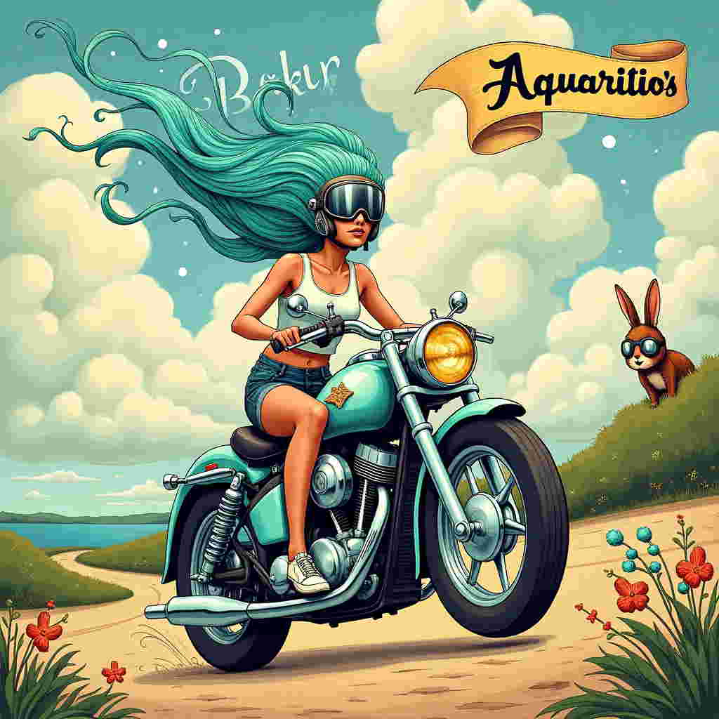In the foreground of this humorous birthday card illustration, we have a dynamic and whimsical scene: a lively female Aquarius zooms across the page on a gleaming, retro-style motorcycle. Her helmet is adorned with a flamboyant plume of iridescent aquamarine feathers, reminiscent of the water bearer symbol associated with her zodiac sign. The motorcycle is a playful mix of vintage charm and aquatic flair, featuring chrome details shaped like waves and a license plate that reads "AQUARIDER." 

Incorporating inspiration from classic illustrators, the background is a blend of fantasy and whimsy, with towering billowing clouds drawn in the intricate style of Gustave Doré, creating a celestial canopy overhead. Among these clouds, the name "Becky" is cleverly woven in shimmering, translucent script, as if the heavens themselves are celebrating her day.

Aubrey Beardsley's influence can be seen in the decorative, swirling patterns of the road beneath the motorcycle, resembling both a winding river and an ornate tapestry. Alongside the road, Maurice Sendak-esque fantastical creatures, possibly an assembly of quirky, smiling starfish and water droplets with faces, wave joyously at the rider.

Further enriching the scene, an old-fashioned birthday banner, reminiscent of Maxfield Parrish's vibrant colors, stretches across the sky. It flutters in the breeze, emblazoned with "Happy Birthday Becky" in bold, whimsical lettering. This adds an extra festive touch, ensuring the card's recipient feels the unique celebration in every detail.

Incorporating Beatrix Potter's touch, a small, curious rabbit wearing aviator goggles peeks out from a bush, perhaps in awe of the Aquarius rider's adventurous spirit. This delightful narrative, filled with enchanting details, crafts a vivid birthday celebration that is both personalized and creatively inspired.
Generated with these themes: A Female Aquarius riding a motorcycle.
Made with ❤️ by AI.