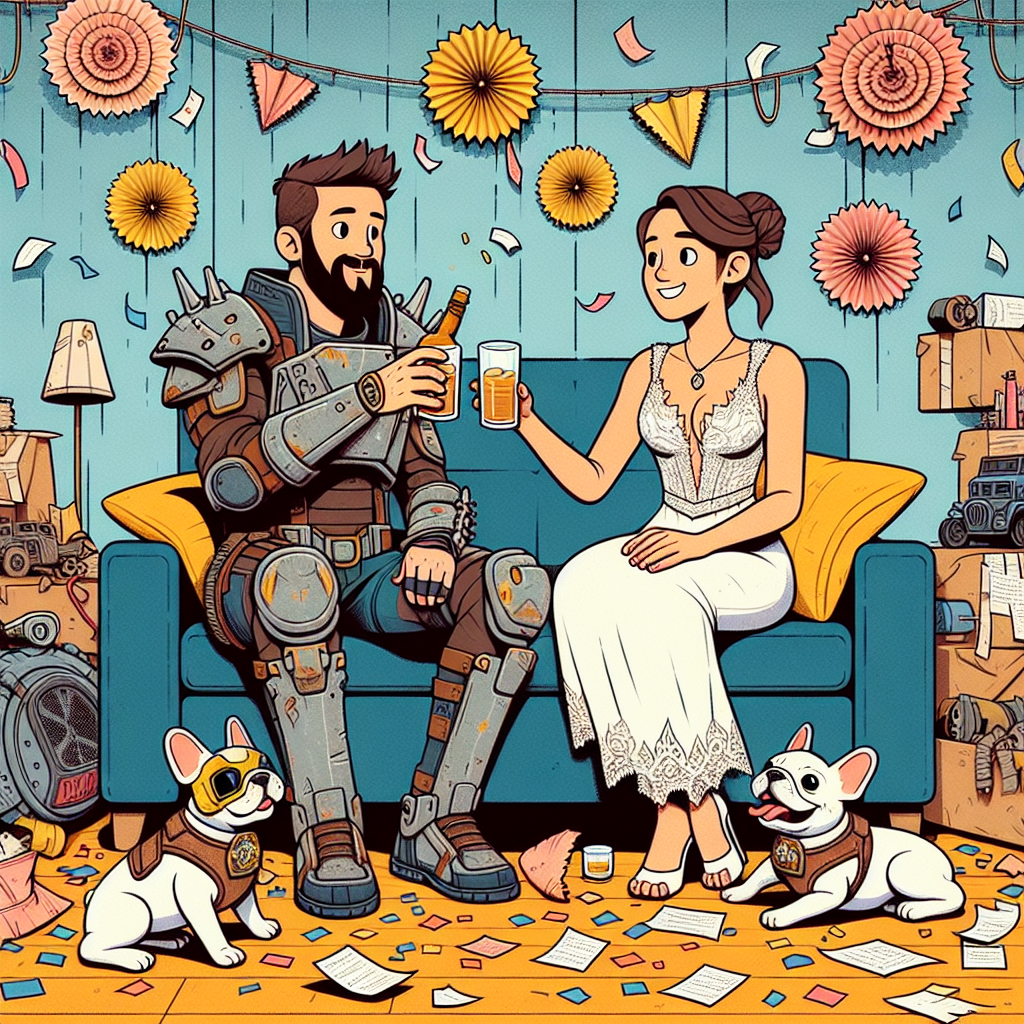 Create an amusing illustration showing a Caucasian male and a Hispanic female celebrating their 1st wedding anniversary, often referred to as the paper anniversary. They are adorned in attire inspired by post-apocalyptic video game costumes. The surroundings consist of intricate paper-made decorations. The couple is engaged in a toast with tumblers of whiskey, seated on a cozy sofa. They are watching their French bulldogs, in tiny generic cartoonish masks, frolic among colorful paper confetti scattered on the floor.
Generated with these themes: Fallout video game, Drinking whiskey, 1st wedding anniversary - paper anniversary, and French bulldogs.
Made with ❤️ by AI.