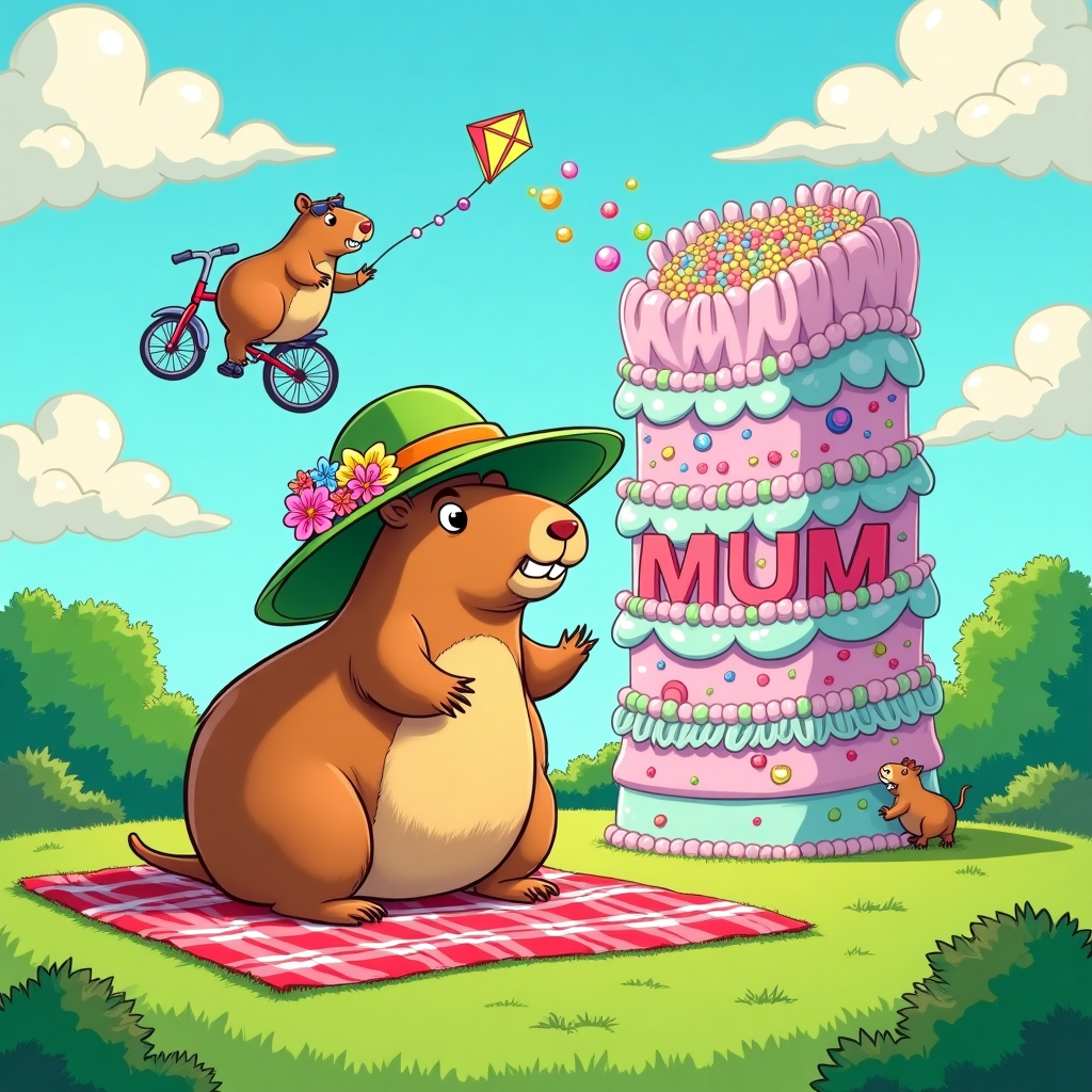 Picture a vibrant scene set in a whimsical park, alive with color and capybara-centered hilarity. The foreground is dominated by an exuberantly oversized capybara, wearing a ridiculous oversized sunhat adorned with a bouquet of cartoonishly bright flowers: pinks, yellows, and blues popping vividly against the hat's grassy green hue. The capybara is seated atop a picnic blanket of red-and-white checkered pattern, dramatically bunched and wrinkled to give a playful sense of movement.

In the background, an enormous capybara-sized cake towers with icing swirls in pastel shades of lavender, mint green, and baby blue. On top of this cake, using vivid, almost candy-like colors, are letters spelling out "MUM" in cheerful block letters. The cake is decorated with a cascade of rainbow sprinkles that seem to defy gravity, each one a tiny dot of color joyfully escaping its sugary confines.

Off to one side, another capybara balances precariously on a unicycle, its features humorously exaggerated to show comically large eyes and an oversized grin. Its fur is a rich, warm brown, detailed with simple, bold strokes, akin to the styles of Schulz and Watterson, conveying an inviting, approachable whimsy.

In the sky, fluffy white clouds are whimsically shaped like capybara heads, with one particularly large cloud sporting a pair of cartoonish sunglasses, as if to join in on the playful theme. Below, the grass is illustrated in soft, undulating waves of bright lime and emerald, echoing the style of classic Disney animations, providing a vibrant, living landscape for our capybara characters.

Scattered around the scene are playful nods to classic comic styles: a tiny capybara flying a kite that’s shaped like a capybara itself, and another capybara, almost hidden behind the giant cake, peeking out with a mischievous look, a nod to the playful humor of Gary Larson.

This Mother’s Day card cover, in all its colorful exuberance and cartoonish charm, celebrates mothers with a delightful capybara twist, capturing the eye with its humorously exaggerated features and vibrant colors.
Generated with these themes: Capybara.
Made with ❤️ by AI.