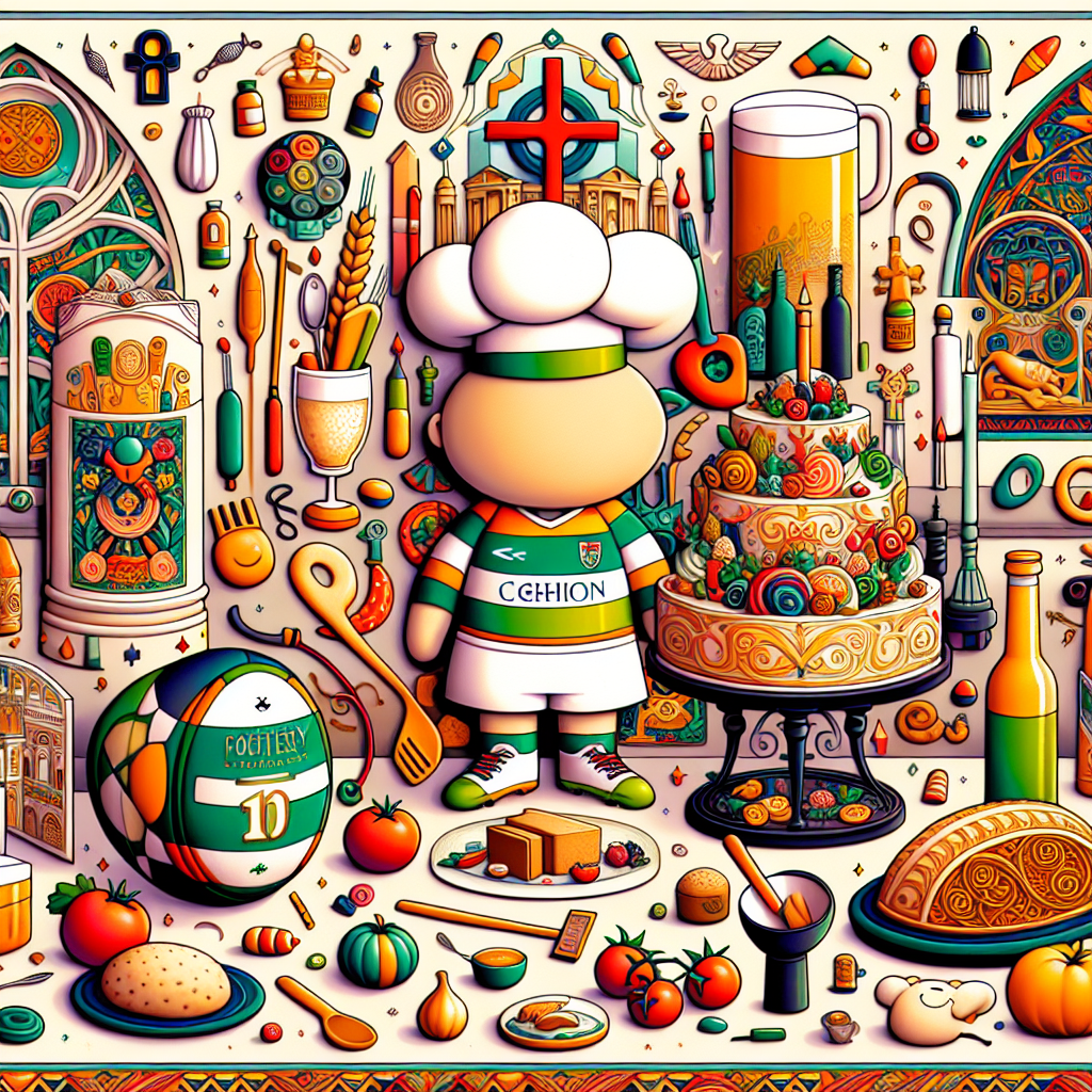 Design a whimsical birthday card that showcases a lively kitchen scene. The central character is a small, unidentified entity sporting a rugby jersey and chef's hat. The character is encircled by an array of vivid cooking ingredients, as well as a cake crafted to resemble a rugby ball. The background is tastefully embellished with recognizable structures such as the Roman Colosseum and Irish church spires, subtly suggesting a fondness for both Rome and Ireland. Further elements include symbols like the Celtic cross and an intricate pattern resembling a stained-glass window, both referencing Catholicism. The color palette should offer warm, celebratory hues.
Generated with these themes: Cooking, Rugby, Ireland, Rome , The church , and Catholicism .
Made with ❤️ by AI.