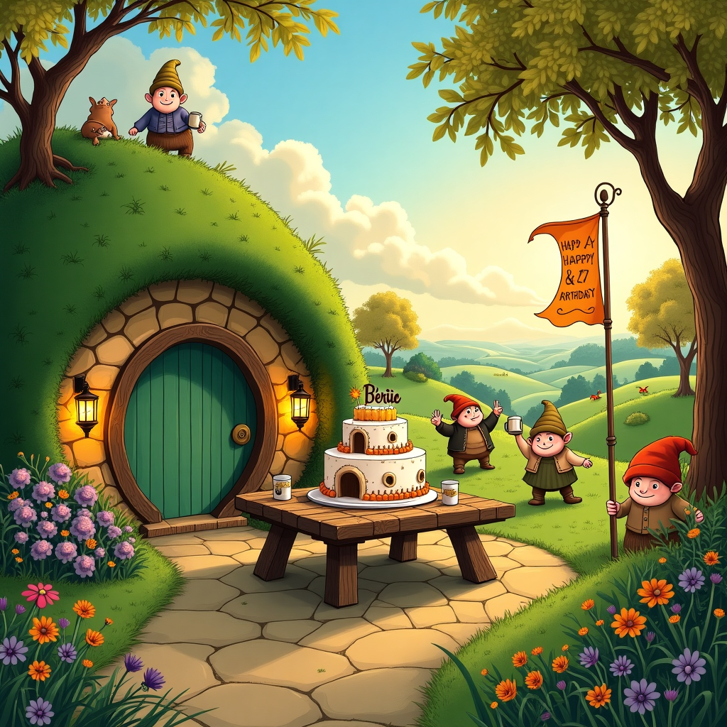 In the foreground, a cozy, lush hobbit hole is partially embedded into a gently rolling green hill, its rounded door painted a vibrant shade of sage green with a polished brass doorknob at its center. Flanking the door are two intricately carved wooden lanterns, glowing softly with the warm light of miniature candles. Surrounding the entrance are clusters of cheerful, wildflowers in shades of lavender, buttercup yellow, and soft pink, their delicate petals catching the gentle sunlight.

In the center of this scene, a rustic wooden table is set for a joyous birthday feast. The tablecloth is an inviting patchwork of bright patterns in autumnal tones, reflecting the warmth of an inviting home. Atop the table, a grand cake is displayed, whimsically crafted to resemble a small hill with delicate sugar hobbit doors and windows. The icing is a tapestry of earthy greens and browns, with tiny edible flowers sprinkled across its surface. At the summit of this cake, the name "Bertie" is playfully written in frosting.

To the right, a tall banner is staked into the ground, flowing freely in a gentle breeze. It is hand-painted with stylized runes and vines, celebrating the festive occasion. The background is a picturesque countryside, stretching towards the horizon where the sky transitions from a deep azure to the soft orange hues of the setting sun.

In the scene, plump, cheerful hobbits are animatedly mingling, their faces drawn with exaggerated expressions reminiscent of Quentin Blake's playful style. Each wears attire detailed with rustic fabrics and earthy colors: rich browns, vibrant greens, and earthy oranges. They are engaged in animated conversations, raising mugs crafted from acorns and polished wood. On the grassy lawn, a hobbit child is joyfully trying to pin the tail on a whimsical, cartoonish dragon.

In the distance, towering trees frame the scene, their leaves a vibrant medley of late summer greens and early autumn golds, reminiscent of a Beatrix Potter illustration. The branches are detailed with fine lines, casting intricate shadows on the ground, offering a nod to the style of Arthur Rackham. At the edges of the scene, chubby rabbits and curious birds peek out, adding a touch of whimsical charm to the festive birthday tableau.
Generated with these themes: Hobbit, and Birthday party.
Made with ❤️ by AI.