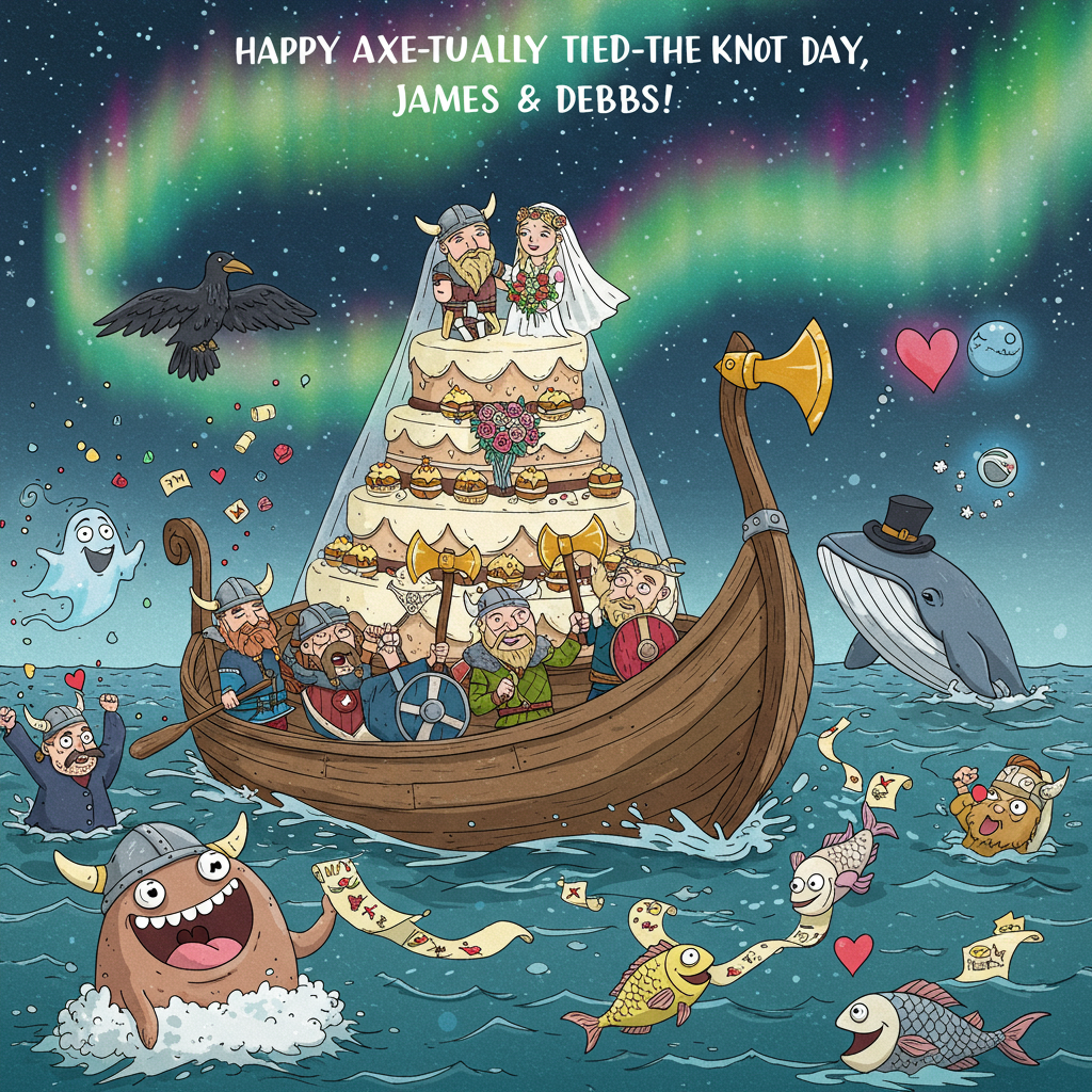**Prompt:**  
At the top of the cartoon image: *"Happy Axe-tually Tied-the-Knot Day, James & Debs!"*

Surreal cartoon scene of a Viking wedding held aboard a longship that's also a giant floating wedding cake. The bride and groom (James and Debs as cartoon Viking characters) stand at the ship’s prow, wielding ceremonial golden battle-axes instead of rings. Viking guests – including a walrus in chainmail, a floating ghostly raven minister, and a couple of goats wearing floral garlands – cheer while hurling runes and confetti made of snowflakes and tiny shields. The sky is swirling with northern lights shaped like hearts and mustaches, and a whale with a top hat leaps joyously in the distance. The sea beneath is bubbling with smiling fish that carry love notes in scrolls tied to their fins. The entire scene oozes surreal, absurd love-infused Viking weirdness, perfectly bizarre for a wedding celebration card.
Generated with these themes: Viking wedding.
Made with ❤️ by AI.