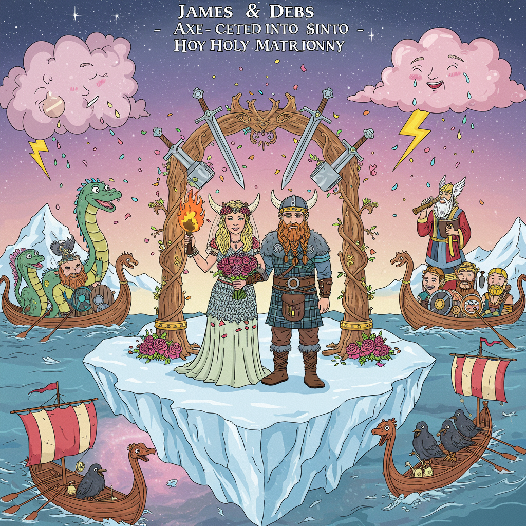 **Prompt:**

At the top of the cartoon image, "James & Debs — Axe-cepted into Holy Matrimony!"

A surreal, whimsical cartoon Viking wedding set on a floating iceberg shaped like a giant heart drifting through a pastel galaxy sky. A horned Viking bride (Debs) in a battle-ready wedding dress made of chainmail and rose petals is holding a flaming bouquet aloft like a trophy. James, the groom Viking, has braided beard extensions and is wearing a ceremonial kilt made of sails. They're standing beneath a twisted Norse tree arch made of swords, with runes glowing like neon lights.

Guests include cheerful sea serpents in bowties, ravens wearing monocles, and longboats rowing themselves in a conga line. Off to the side, Odin officiates the wedding while sipping from a giant champagne goblet shaped like Thor's hammer. Pink and gold confetti rains down from a thundercloud with a face that's crying happy tears. The whole scene pops with bold colors and strange angles, as if gravity is optional and logic is love-drunk.
Generated with these themes: Viking wedding.
Made with ❤️ by AI.