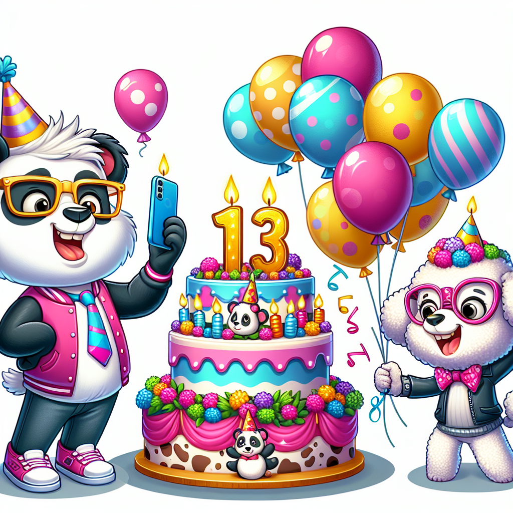 Create an image of a lively 13th birthday party. The center attraction is an animated panda character, who is equipped with funky glasses and a celebratory birthday sash. The panda should be positioning a phone to take a selfie with the 13-year-old birthday boy/girl standing beside a sumptuously decorated birthday cake topped with brightly colored candles. A bubbly white poodle, with a birthday banner playfully caught in its tail, must be depicted chasing balloons around the vicinity. Let the image reflect an ambiance of delight, making it a perfect representation of a teenager's significant birthday celebration.
Generated with these themes: 13, Panda, White Poodle, Birthday cake , and Teenager.
Made with ❤️ by AI.