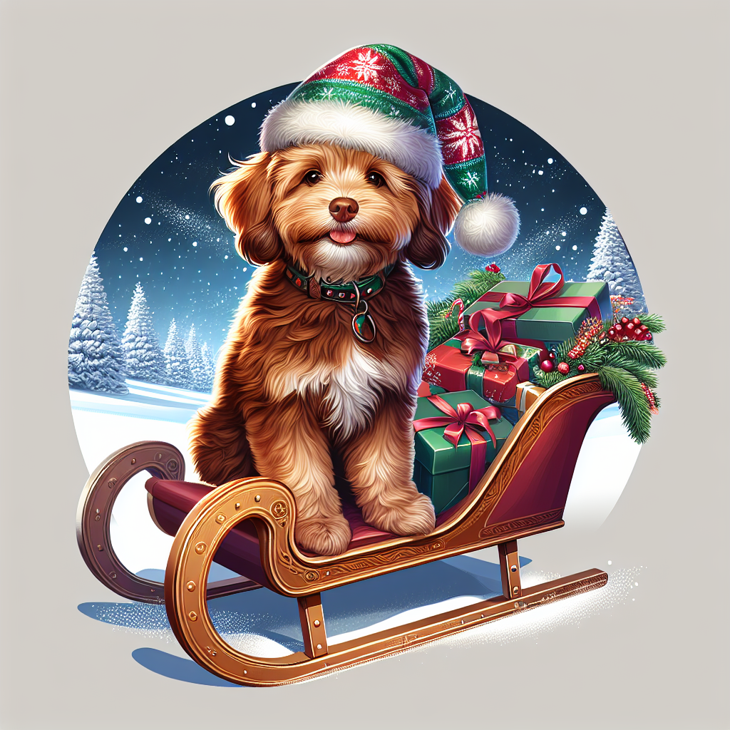 This delightful vector illustration for Christmas features a chubby Cavoodle with a luscious brown coat sitting on a sleigh. Its eyes are not visible, instead, its face is partly covered by a festive elf hat as it proudly pulls a sleigh full of wrapped gifts through a winter wonderland.
.
Made with ❤️ by AI.