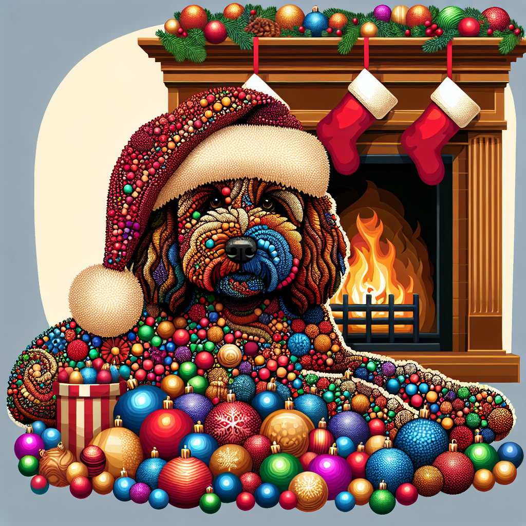 In a cute twist on holiday cheer, a vector illustration presents a hefty brown Cavoodle camouflaged within a cluster of Christmas baubles. Although the pet's eyes are not visible, its contented posture next to a stocking-clad fireplace conveys the blissful spirit of the season.
.
Made with ❤️ by AI.