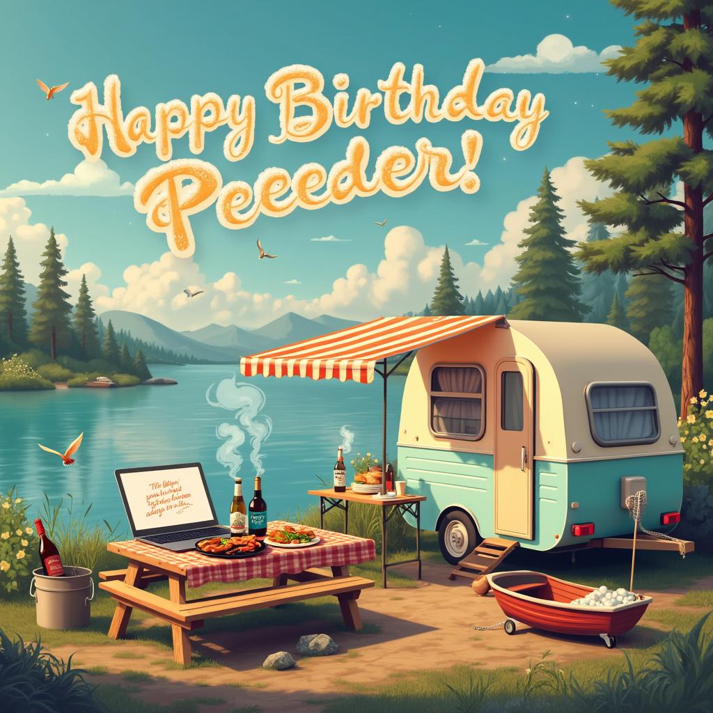 The scene is set at a picturesque lakeside campground, with a cozy vintage caravan parked next to the water. The caravan is painted in soft pastel colors with retro stripes, and it has a small awning providing shade. A rustic wooden picnic table is set up next to the caravan, adorned with a red-and-white checkered tablecloth.

On the table, there's a neatly arranged BBQ grill with sizzling sausages, burgers, and vegetables, with wisps of smoke wafting upward. Next to the grill, there's a bucket filled with ice, containing a bottle of chilled Pinot Grigio white wine, and several bottles of Birra Moretti lager beer.

To the side, a portable camping table holds a sleek laptop displaying a birthday greeting on the screen. This screen is important as it boldly says, "Happy Birthday Peeeeder!" in colorful, festive font, accompanied by virtual balloons and confetti.

Above the scene, the sky is a brilliant blue with fluffy white clouds. Among the clouds, subtly but creatively formed, the words "Happy Birthday Peeeeder" are written as if made from wisps of cloud themselves, adding a magical touch to the scene.

In the background, the serene lake reflects the beauty of the scene, with gentle ripples created by a light breeze. Tall pine trees frame the lake, completing the idyllic setting. A few colorful birds are seen in flight, and a small, quaint rowboat is gently bobbing near the shore, tied to a wooden post.

The attention to detail in this scene brings together all the elements in a harmonious and visually captivating way, making it a memorable and unique birthday greeting card for Peeeeder.
Generated with these themes: BBQ , Pinot grigio white wine , Birra Moretti lager beer , Caravan , and Computer .
Made with ❤️ by AI.