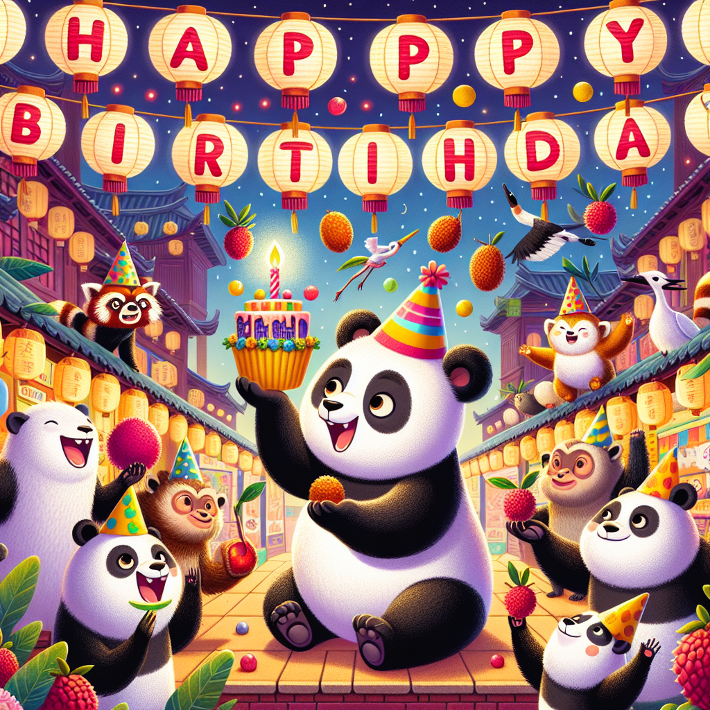 Create a whimsical birthday-themed illustration set in a bustling Asian night market. Above, lanterns hang, cleverly arranged to spell out the words 'Happy Birthday'. In the center of the scene, a panda wearing a colorful party hat playfully juggles a variety of Asian fruits such as lychee, longan, and dragon fruit. Surrounding the panda, a crowd of diverse Asian animals including macaques, red pandas, and cranes cheer on enthusiastically. Each animal is holding a small, scrumptiously decorated cupcake with a brightly lit candle, adding to the jovial atmosphere.
Generated with these themes: asia.
Made with ❤️ by AI.