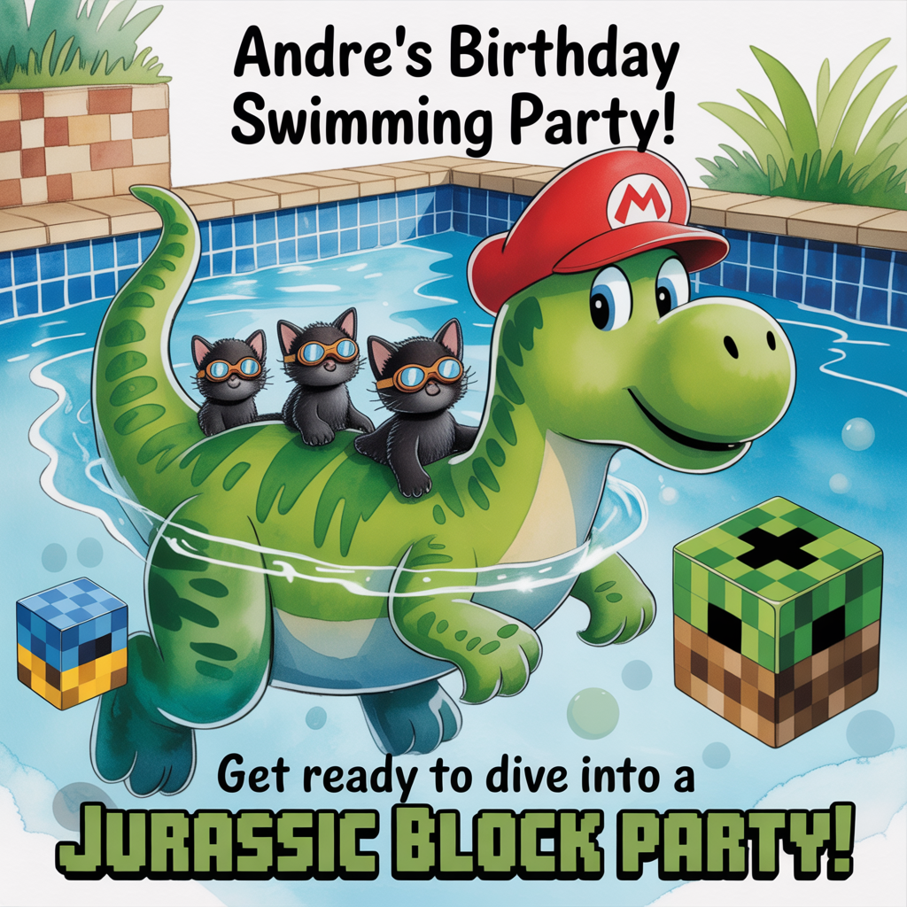 At the top of the image, "Andre’s Birthday Swimming Party!":

At the bottom of the image, "Get ready to dive into a Jurassic block party!"

- Imagine a whimsical watercolor scene where black kittens, wearing tiny swimming goggles, paddle through a pool alongside a friendly dinosaur. The dinosaur dons Mario's iconic red cap, and a few Minecraft blocks float around, turning the pool into a playful game environment.
Generated with these themes: Black kittens, swimming, red, Minecraft, Mario, dinosaurs, and .
Made with ❤️ by AI.