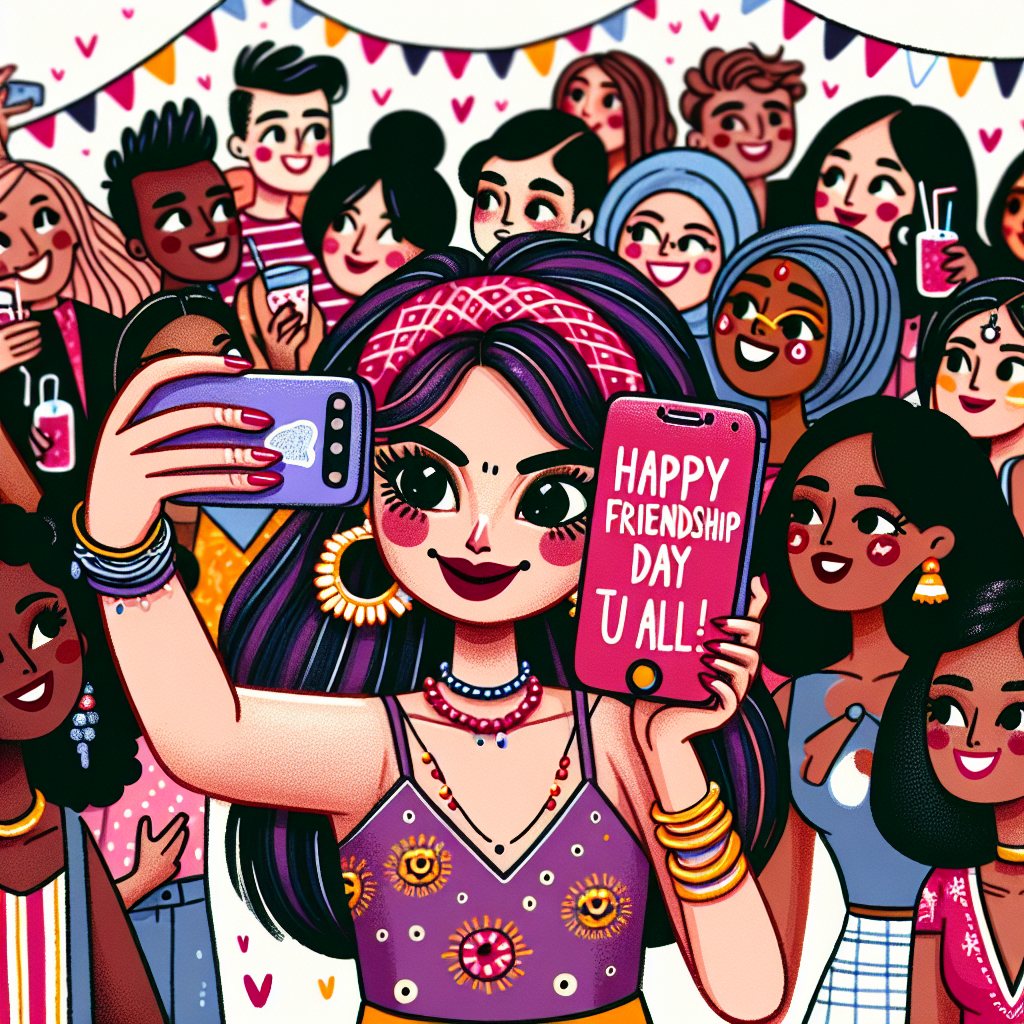 Craft a whimsical illustration of a fashionable, South Asian woman amid a crowd of diverse friends. The group should include South Asian, Caucasian, Hispanic, Black, Middle-Eastern, and East Asian identities and should be a balance of males and females. She is capturing a group selfie with her phone, with the screen displaying 'Happy Friendship Day to u all.' Set the scene during a Friendship Day celebration with festive embellishments like streamers and balloons, creating a lively, joyous atmosphere.
Generated with these themes: A modern lady wish all  her  girl / boy friends ,Happy friendship day to u all.
Made with ❤️ by AI.