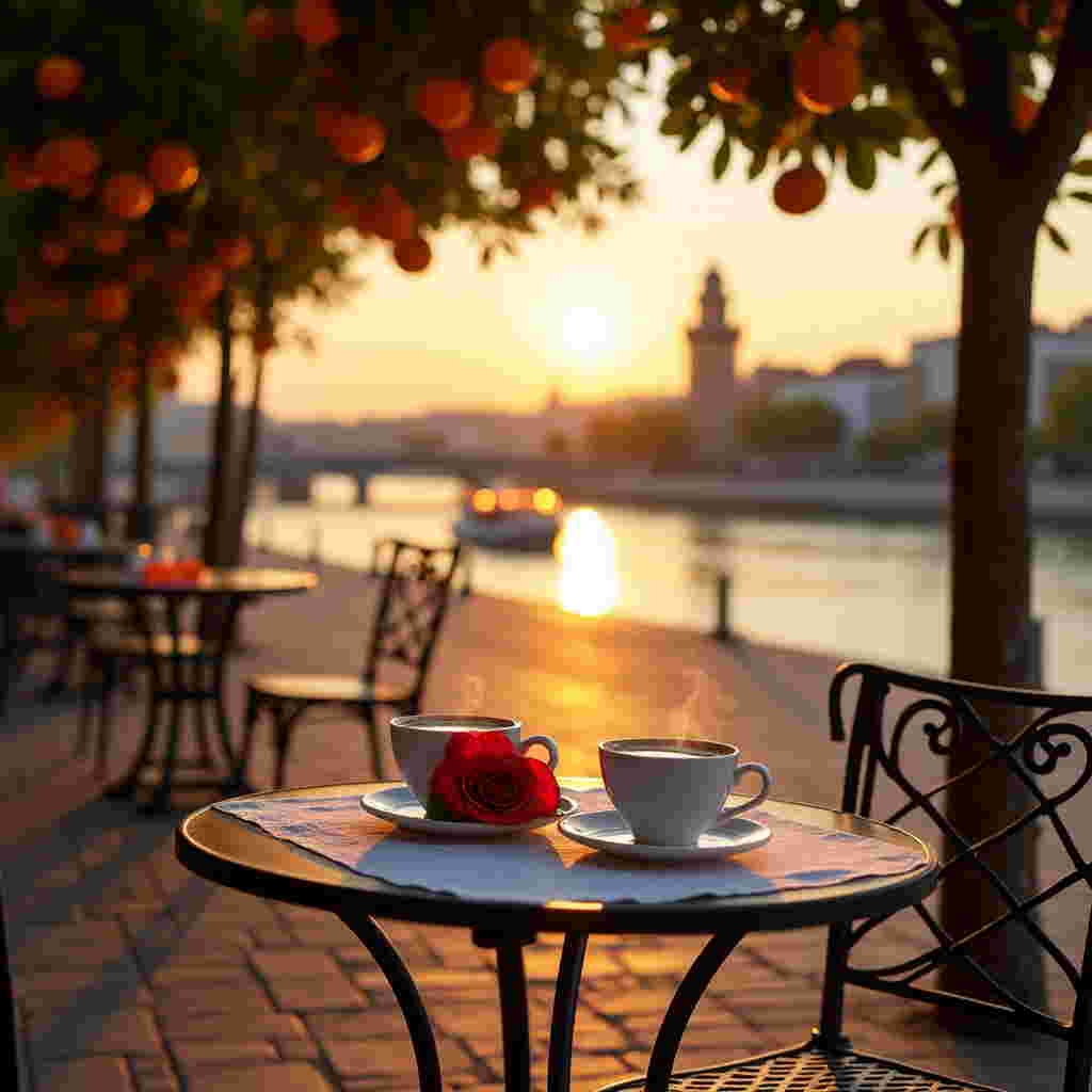 Under the warm glow of the Andalusian sunset, the scene unfolds along the tranquil banks of the Guadalquivir River in the heart of Sevilla. In the foreground, a charming wrought-iron table set for two is nestled beneath a canopy of fragrant orange trees, their branches heavy with ripe, vibrant fruits that cast playful shadows on the cobblestone path. The table is elegantly dressed with a simple white linen cloth, upon which rest two delicate porcelain teacups filled with steaming, aromatic café con leche. Between the cups, a single red rose lies artfully, its petals velvety and deep. Across the river, the silhouette of Sevilla's iconic Torre del Oro stands majestically, bathed in the golden light of dusk. In the background, a small boat drifts lazily on the river, carrying lanterns that flicker like stars in the growing twilight. The scene is completed by the subtle presence of heart-shaped orange peels scattered thoughtfully across the table, a playful nod to Valentine's Day amidst this romantic setting.
Generated with these themes: Sevilla, Guadalquivir River, Table for two, Orange tress, and Valentines.
Made with ❤️ by AI.