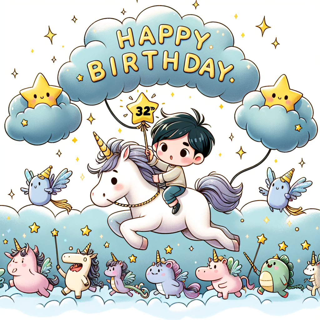 An adorable cartoon child sits astride a galloping unicorn, holding a wand with a star that sparkles with the number '32nd.' They are followed by a procession of fantastical creatures. Above them, clouds form the letters of 'Happy Birthday,' while stars twinkle around the text.
Generated with these themes: 32th  .
Made with ❤️ by AI.