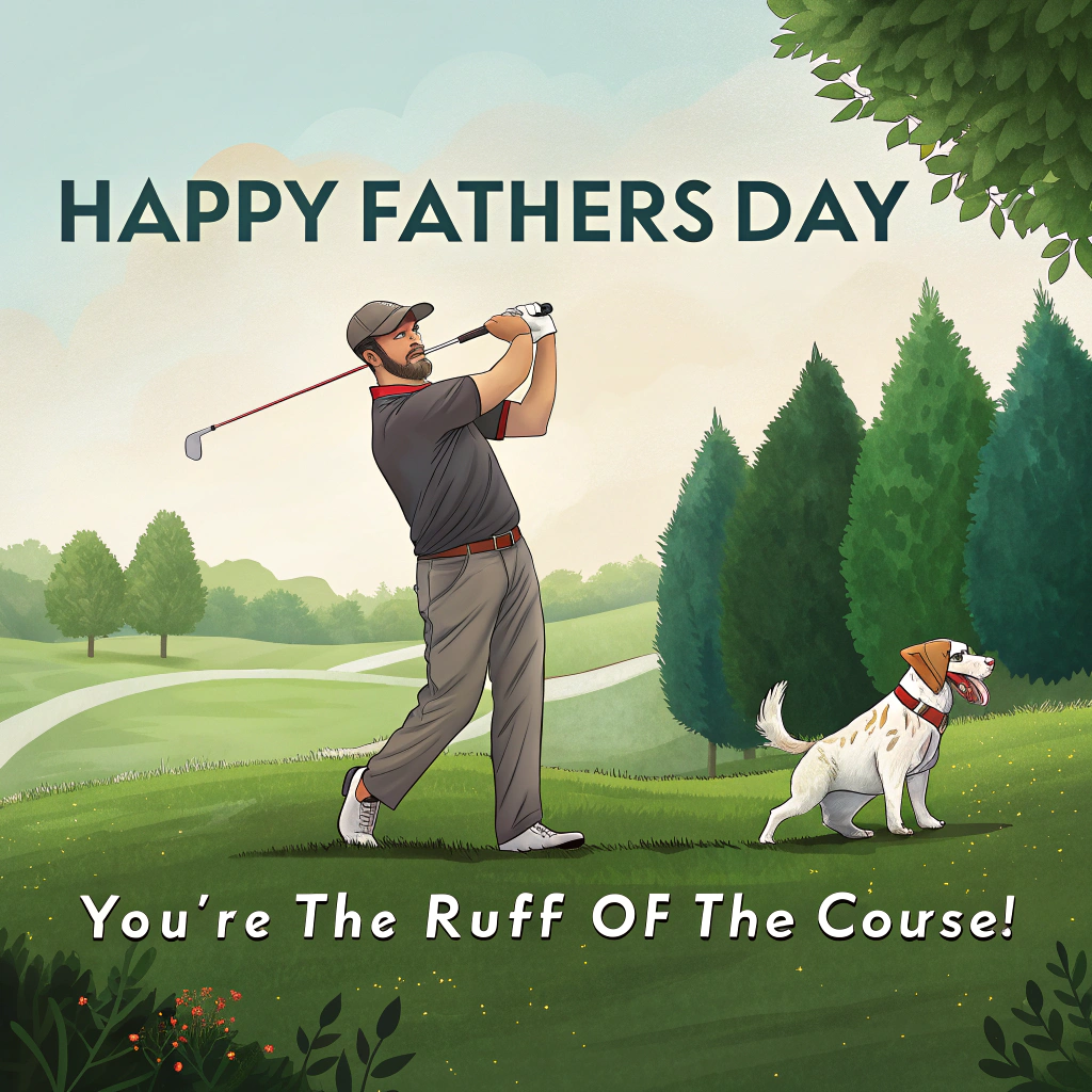 At the top of the image, "Happy Fathers Day Dad":

At the bottom of the image, "You're the 'Ruff' of the Course!"

- Imagine a realistic scene of a dad playing golf with a twist: his loyal dog caddies beside him, holding a golf club in its mouth and wearing a tiny visor cap. The backdrop is a lush golf course, and the dog's expression is both eager and mischievous, as if it's ready to give some 'paw-some' golfing advice.
Generated with these themes: Golf, dogs, and .
Made with ❤️ by AI.