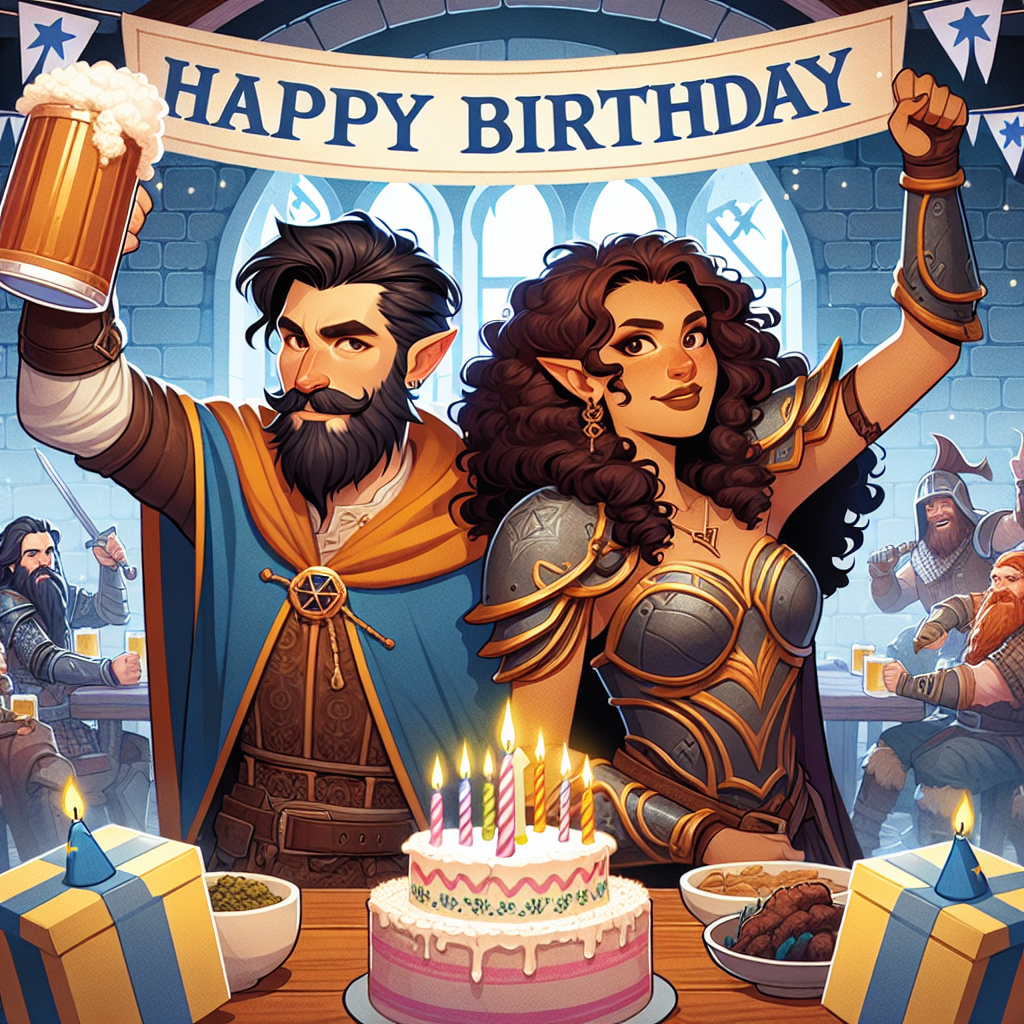 In this endearing birthday-themed illustration, you and your boyfriend are reimagined as heroic Dungeons and Dragons characters. He's portrayed as a skilled wizard with dark brown hair, a thin mustache, and beard, and you as a fierce warrior with long, dark brown curly hair. The backdrop is a medieval tavern adorned with birthday decorations, where fellow adventurers raise their glasses in celebration.
Generated with these themes: My boyfriend and I as Dungeons and Dragons characters. He has go dark brown hair and thin moustache and beard and I have long dark brown curly hair., and Dungeons and Dragons.
Made with ❤️ by AI.