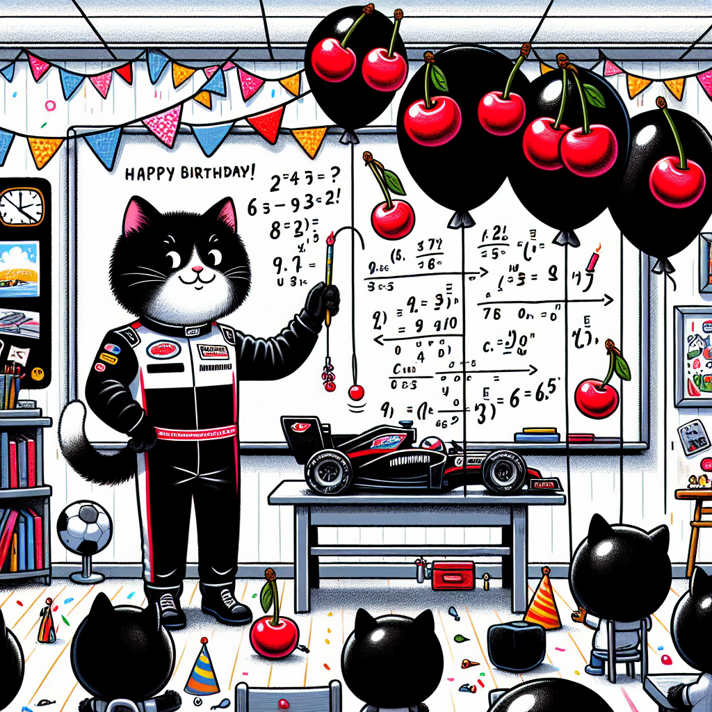 Illustrate a birthday-themed classroom scene in cartoon style. Center stage is a black and white cat, dressed up as a seasoned motor racing driver, complete with a racing suit and helmet. The classroom ambiance teems with party vibes as bunches of balloons float around, each tied to cherries that serve as charming weights. The cat, acting as the teacher, presents a racing strategy that is cleverly explained using cherry-related equations doodled on the blackboard. This amusing explanation elicits joyful reactions from the room full of party attendees.
Generated with these themes: Black and white cat, Teacher, Cherries, and Formula 1.
Made with ❤️ by AI.