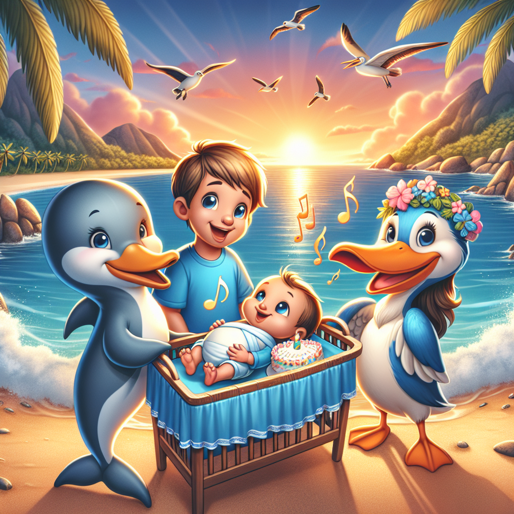 Illustrate a picture of a tranquil beach scene bathed in the warm glow of the sunset. A group of animated companions are huddled around a cradle, signifying a welcoming atmosphere for a new child. Two of the individuals are a dolphin and a pelican, both grasping musical notes, indicating the soothing rhythm of the sea waves and the festive mood. They are shown relishing a picnic with a cake adorned with musical symbols, signifying the amalgamation of melodies, camaraderie, and the coastal environment in the celebration of the infant's arrival.
Generated with these themes: Music, hosting friends, the beach.
Made with ❤️ by AI.