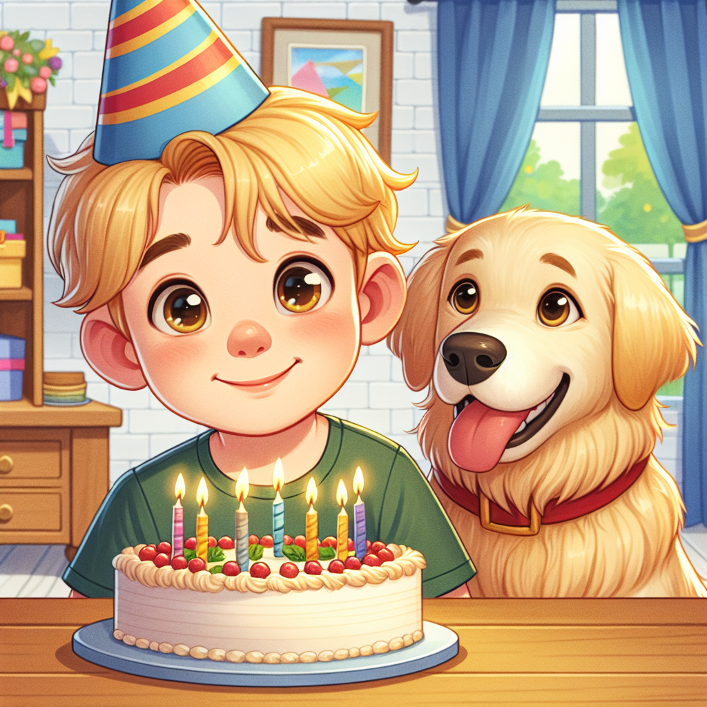 Illustrate a heartwarming scene of a birthday celebration. The center of attention is a young Caucasian boy with blond hair, wearing a colorful party hat, his eyes sparkling with joy and expectation. Next to him, sits his faithful golden retriever, gazing at him with affection and shared excitement. They're in front of a table, upon which a beautifully decorated birthday cake rests, its candles flickering, waiting for the birthday wish to be made. There's an overall atmosphere of kindness, joy and celebration filling the scene.
Generated with these themes: Blond boy, Golden retriever, and Birthday cake.
Made with ❤️ by AI.
