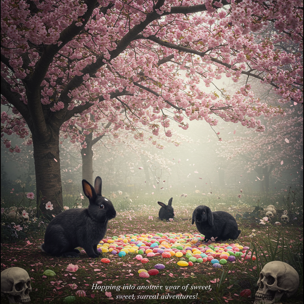 ### Image Prompt

A dreamlike scene unfolds beneath the boughs of a cherry tree in full bloom, its blossoms cascading like pink whispers upon the ethereal landscape. In the foreground, a black rabbit with a delicate white nose curiously gazes into the distance, while nearby, a black lop-eared rabbit nestles amid a scattering of vibrant, colorful sweeties that form an intricate mosaic on the ground. Gothic undertones thread through the image, as skulls peek playfully from the underbrush, their hollow eyes seemingly enchanted by the surreal whimsy of the scene. Ethereal light casts long shadows and imparts a romantic glow, transforming the bizarre into beauty. Above it all, a soft, dreamy caption floats: "Hopping into another year of sweet, surreal adventures!"
Generated with these themes: Cherry tree, Black rabbit with white nose , Black lop rabbit, Sweeties, Gothic , Skulls, and .
Made with ❤️ by AI.