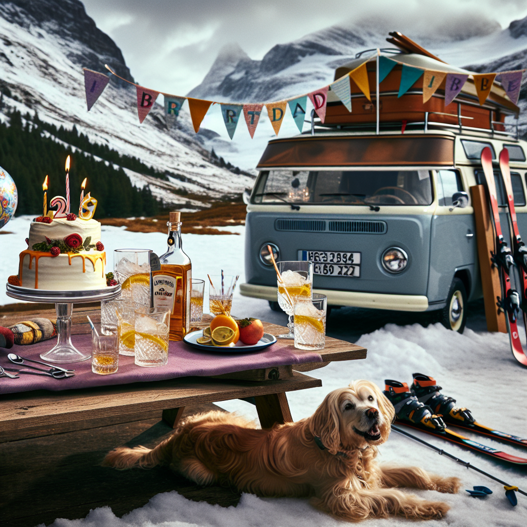 Visualize a charming and homely birthday gathering at the foot of a snowy mountain. Resting amidst this scene is a vintage campervan with vibrant banners flickering in the cold whisper of wind. A golden dog, playfully sporting a party hat and celebratory collar, waves its tail in glee. A pair of skis, telling the story of an adventurous day, lounge against the campervan. Centrally placed on a wooden picnic table, a homemade birthday cake steals the spotlight, surrounded by glasses filled with gin, ready to raise a toast to this significant day.
Generated with these themes: Skiing, Gin, V W campervan, and Golden dog.
Made with ❤️ by AI.