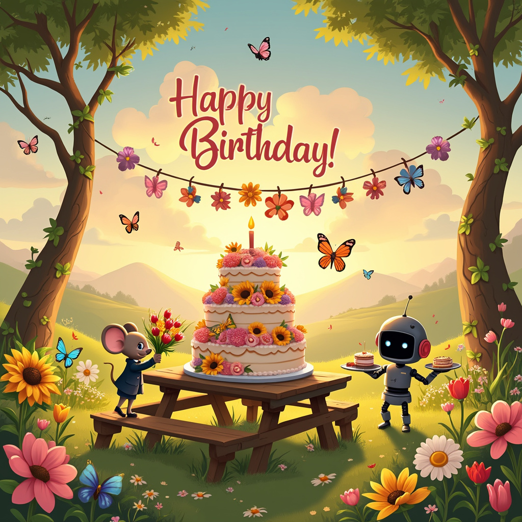 In the scene, imagine a whimsical meadow bathed in the soft glow of a setting sun, painted with hues of orange and pink. In the foreground, a large, beautifully decorated birthday cake is placed on a rustic wooden picnic table. The cake is multi-tiered, adorned with intricate icing flowers and topped with a cheerful message: "Happy Birthday Georgina!" written in elegant icing script. Surrounding the cake are vibrant flowers—sunflowers, daisies, and tulips—that seem to be reaching towards the sky. 

In the sky, fluffy clouds form the shape of Georgina's name, creating a whimsical touch that feels straight out of a magical dreamscape. Butterflies of various sizes and colors—some with iridescent wings, others with delicate patterns—flutter around the scene. They seem almost like living confetti, celebrating Georgina's special day. 

To the left of the cake, a tiny cartoon mouse dressed in a little suit (inspired by Charles Schulz's style) is holding a bouquet of flowers, ready to present them to Georgina. On the right, a small, adorable robot (a nod to Osamu Tezuka) is carrying a platter with more miniature cakes. A banner strung between two trees in the background reads, "Happy Birthday Georgina!" in playful, colorful letters.

The meadow itself is dotted with patches of wildflowers, and in the background, you can see the gentle hills rolling into the distance. A few more butterflies are hovering around these flowers, as if joining the celebration. In the sky, besides the cloud-formed name, you can spot a couple of small birds flying by, adding a touch of life to the tranquil setting.

Every element in the scene tells a part of the story, from the festive cake and flowers to the playful butterflies and characters, all coming together to celebrate Georgina's birthday in this enchanting, solemn cartoon setting.
Generated with these themes: Flowers,, Cakes, and Butterflies.
Made with ❤️ by AI.