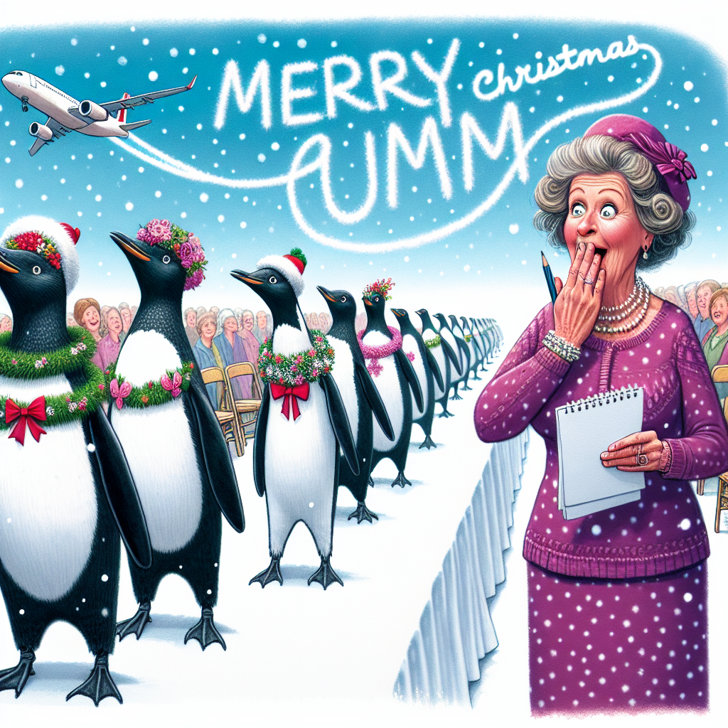 The illustration features a humorous depiction of 'Mum' at a fashion runway event, where penguins are the quirky models, each flaunting a different flower-adorned Christmas ensemble. Mum holds the judge's scorecard, hilariously overwhelmed by the festive cuteness. Snow gently falls around them, as 'Merry Christmas Mum' is written in the sky by a plane with a festive trail, integrating the greeting seamlessly into the scene.
Generated with these themes: Mum, Penguins, Fashion, and Flowers.
Made with ❤️ by AI.