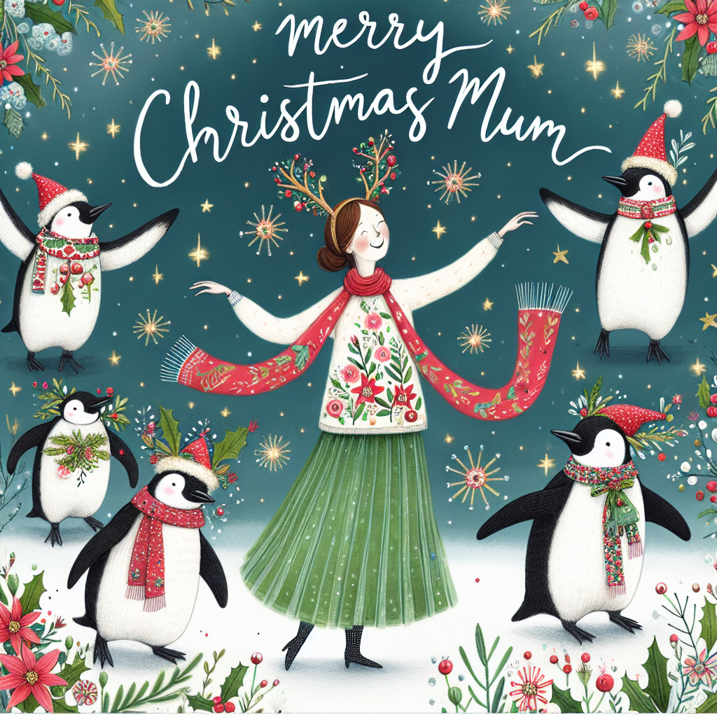 In this whimsical drawing, Mum finds herself in an enchanted Christmas garden, surrounded by penguins playfully dressed in holiday couture, their outfits embellished with festive flowers. One penguin strikes a pose wearing reindeer antlers, while another has a scarf made of holly. 'Merry Christmas Mum' is displayed in the sky, formed by a constellation of twinkling stars above the joyful assembly.
Generated with these themes: Mum, Penguins, Fashion, and Flowers.
Made with ❤️ by AI.