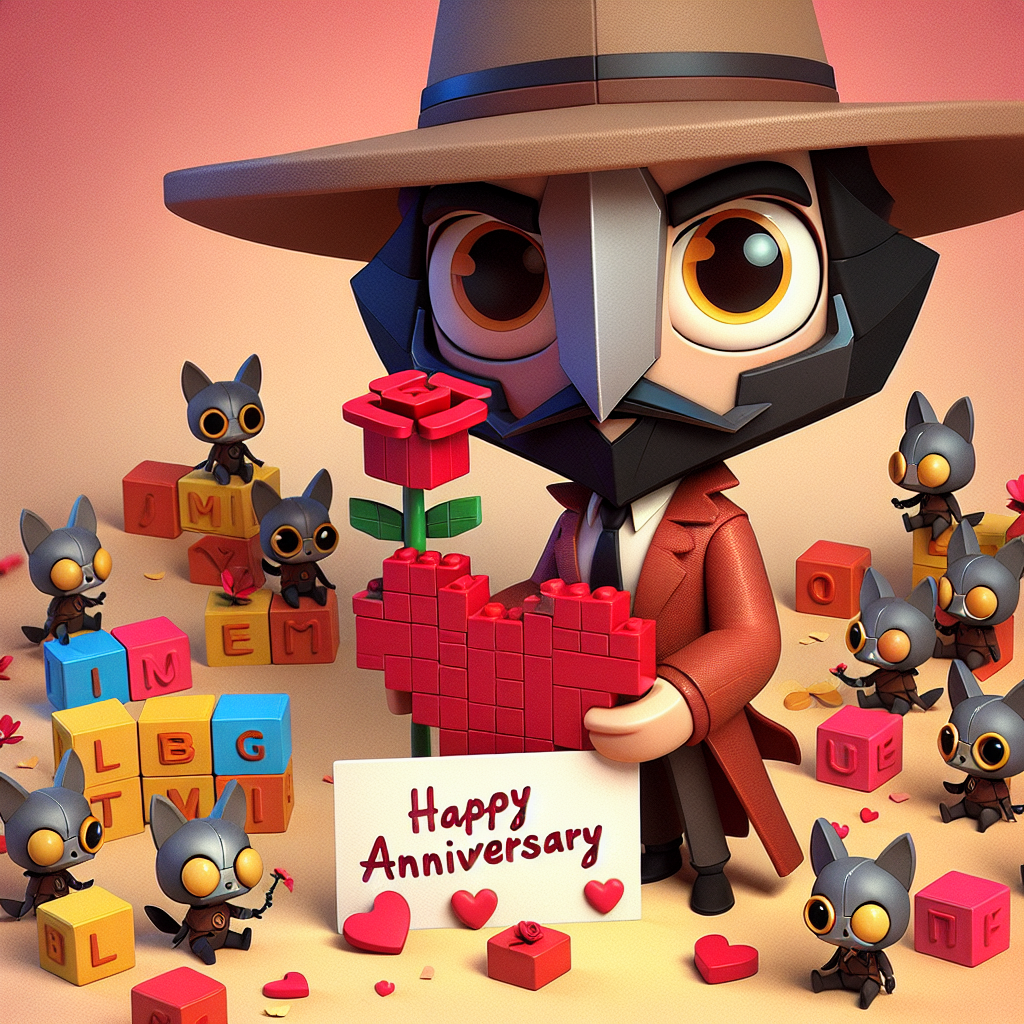 A delightful cartoon scene comes to life to commemorate a significant milestone, teeming with whimsy and warmth. The main character is empathetically envisioned in a fun, softened style typical of a children's construction toy set. He's a robust, mysterious figure with sharp attire, gently holding a simple rectangular, blocky red flower, a nod to an untold love story. Surrounding him, a group of endearing, bug-eyed cartoon cats frolic among construction toy bricks that spell out 'Happy Anniversary'. Their tails are intertwined to form a heart shape, signifying partnership and lasting bonds.
Generated with these themes: John wick, lego, cats.
Made with ❤️ by AI.